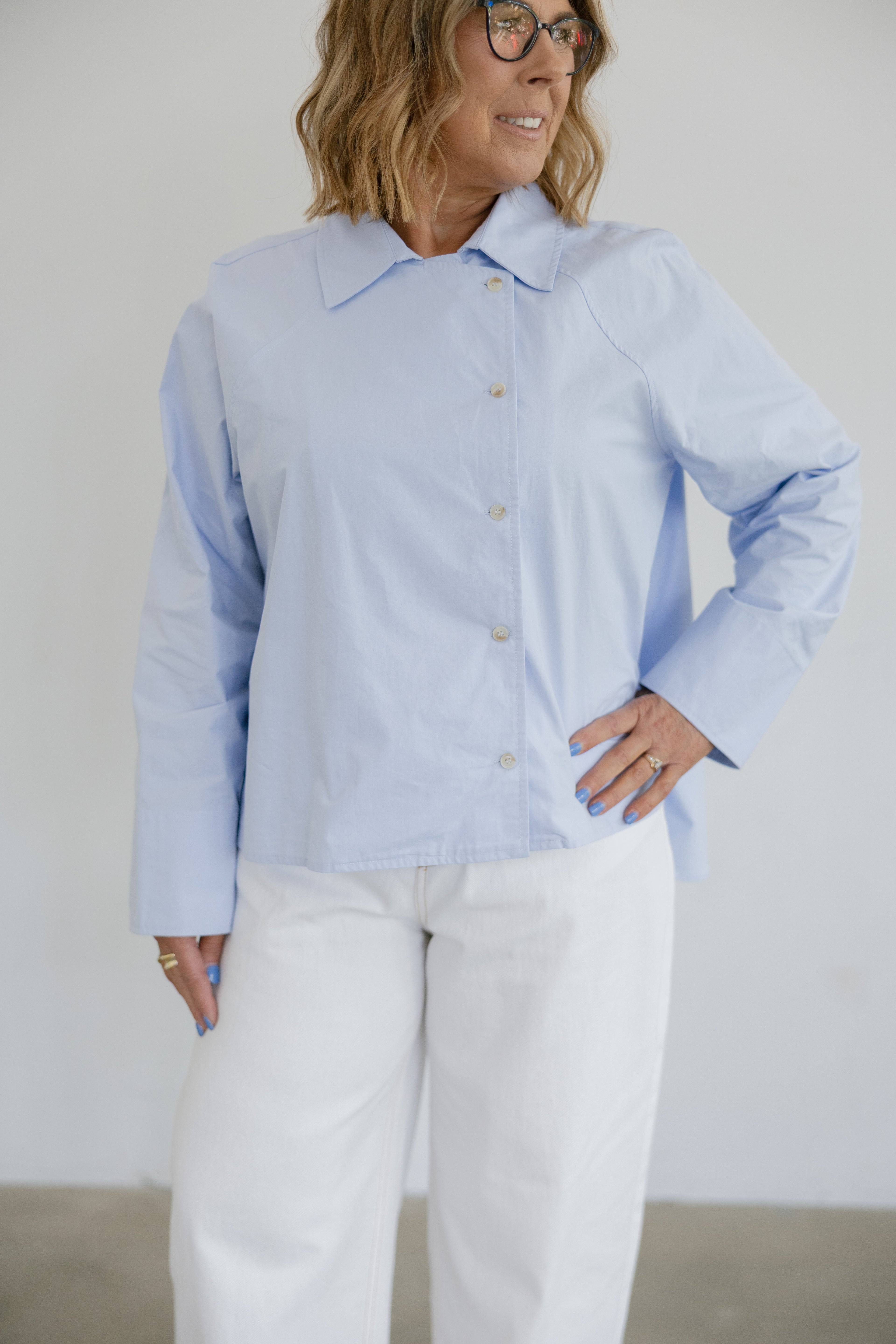 Addison Asymmetrical Long Sleeve Button Collared Shirt- Blue