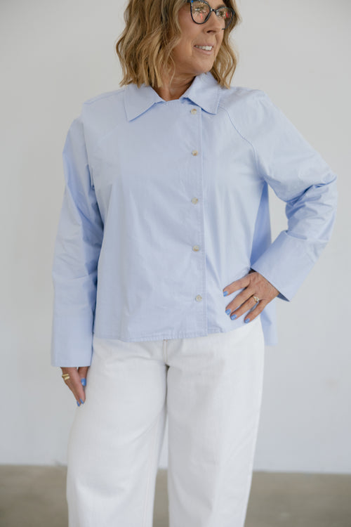 Addison Asymmetrical Long Sleeve Button Collared Shirt- Blue