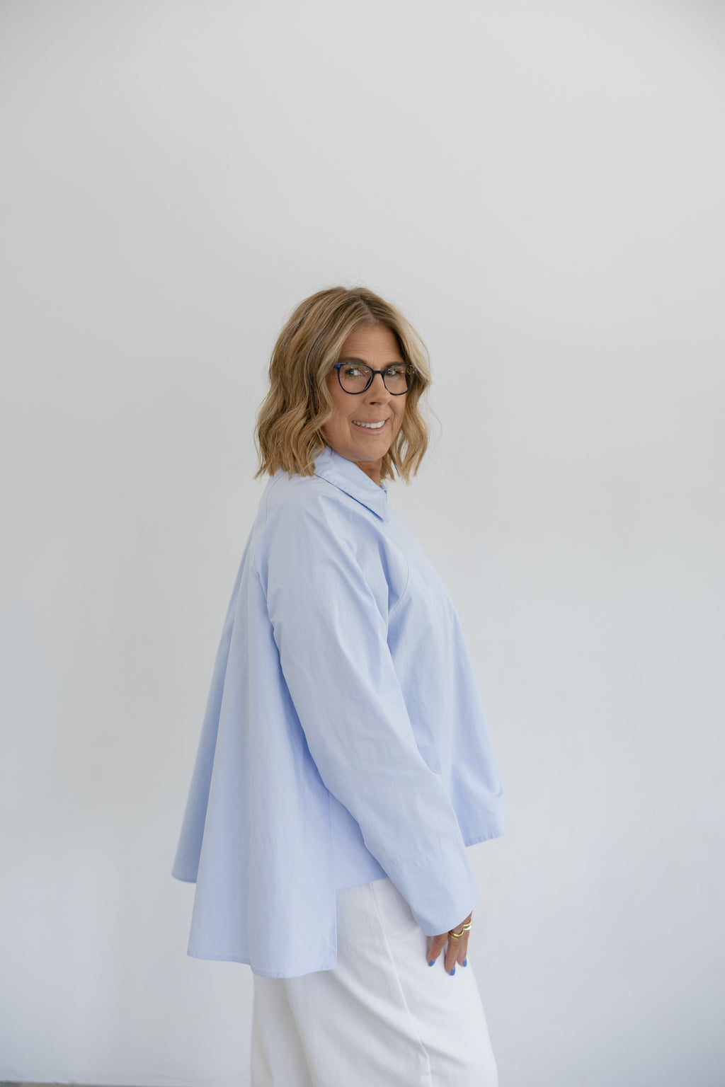 Addison Asymmetrical Long Sleeve Button Collared Shirt- Blue