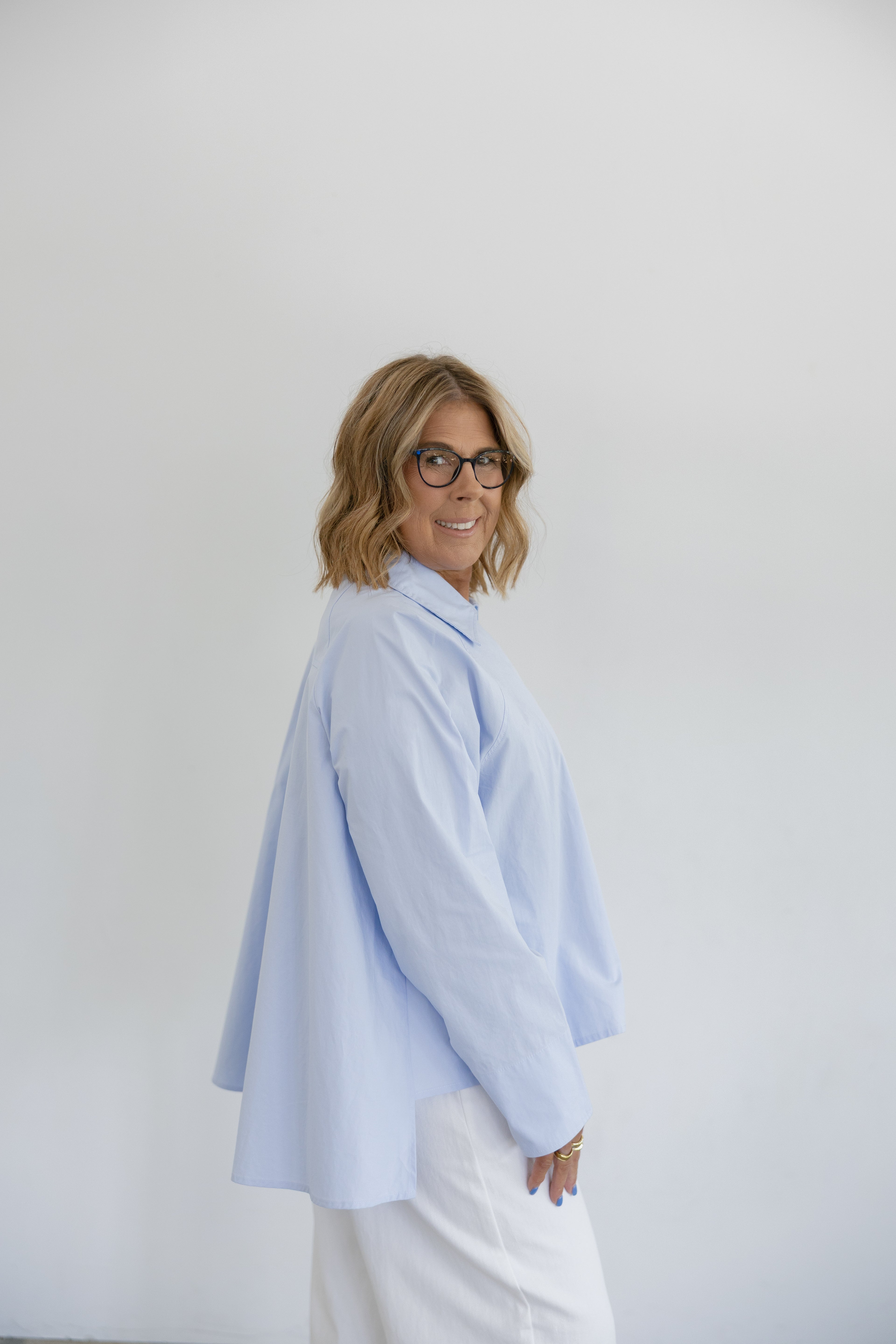 Addison Asymmetrical Long Sleeve Button Collared Shirt- Blue