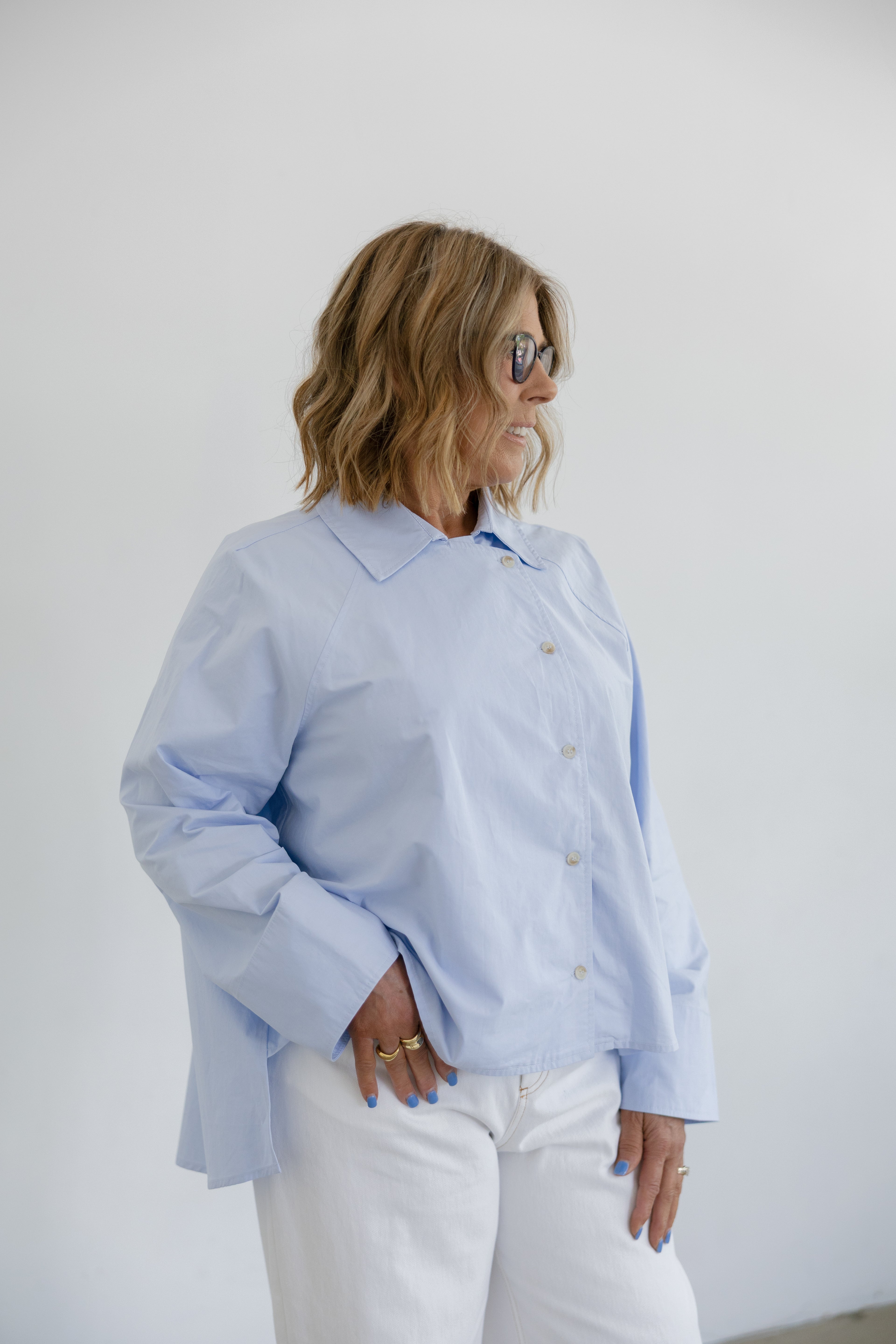 Addison Asymmetrical Long Sleeve Button Collared Shirt- Blue