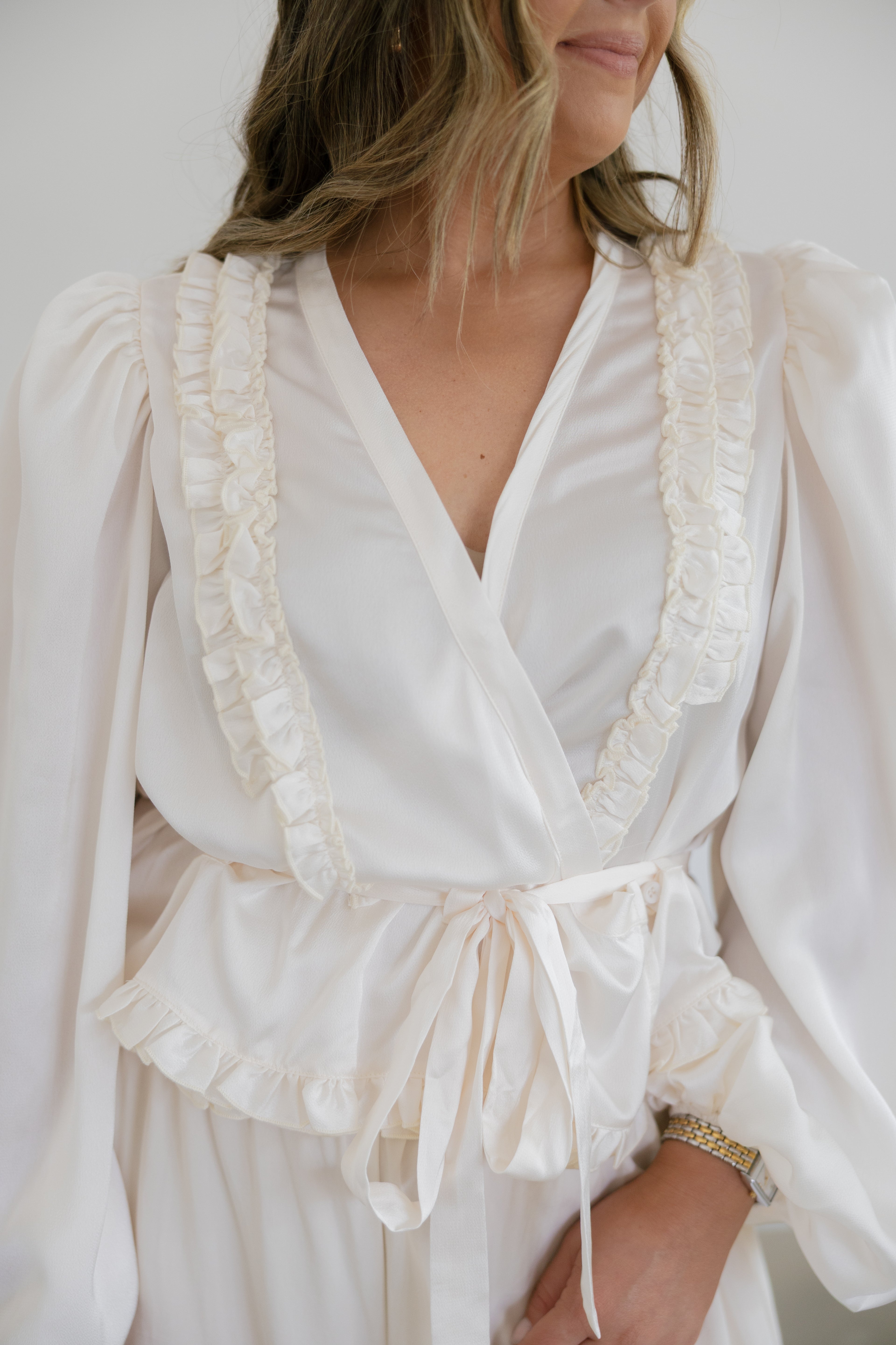 Sofia Satin Wrap Blouse- Cream