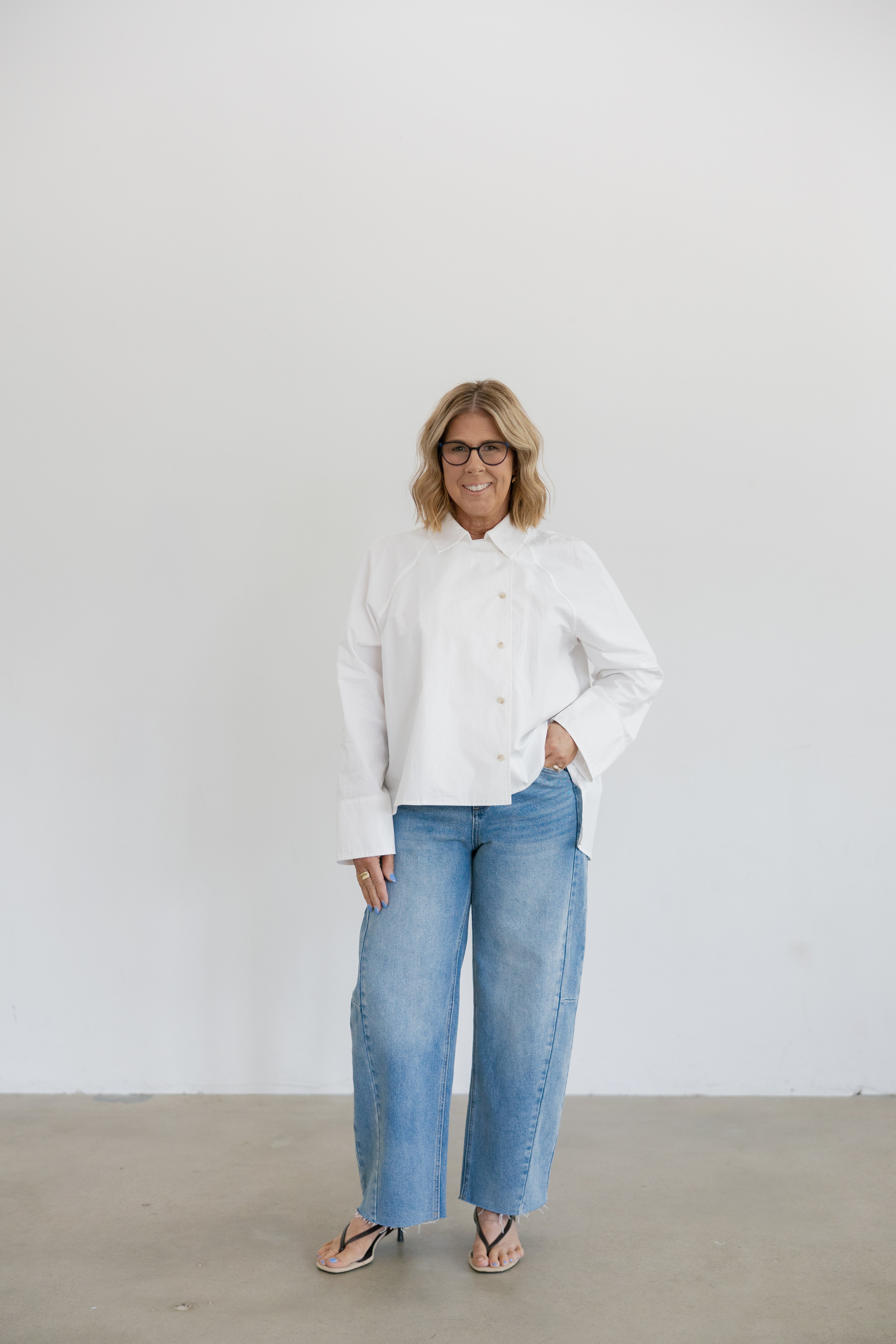 Addison Asymmetrical Long Sleeve Button Collared Shirt- Off White