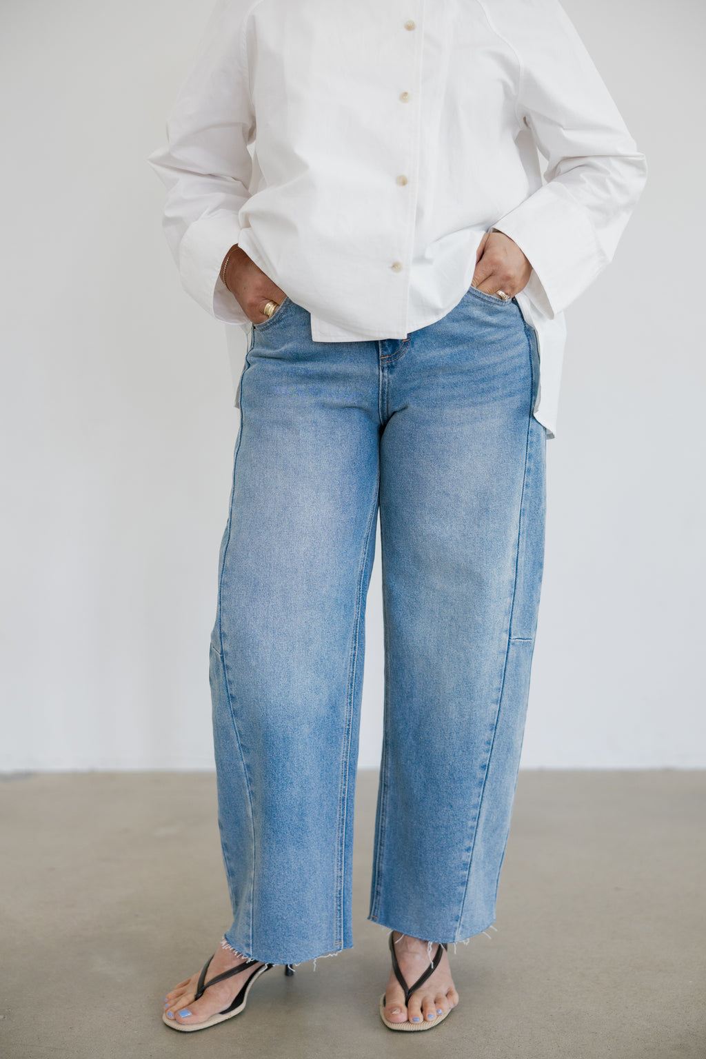 Ember Medium Wash Barrel Jeans- Denim