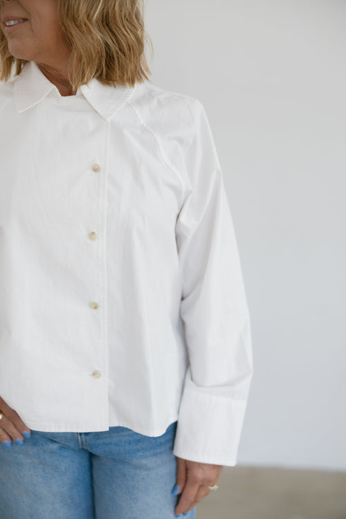 Addison Asymmetrical Long Sleeve Button Collared Shirt- Off White