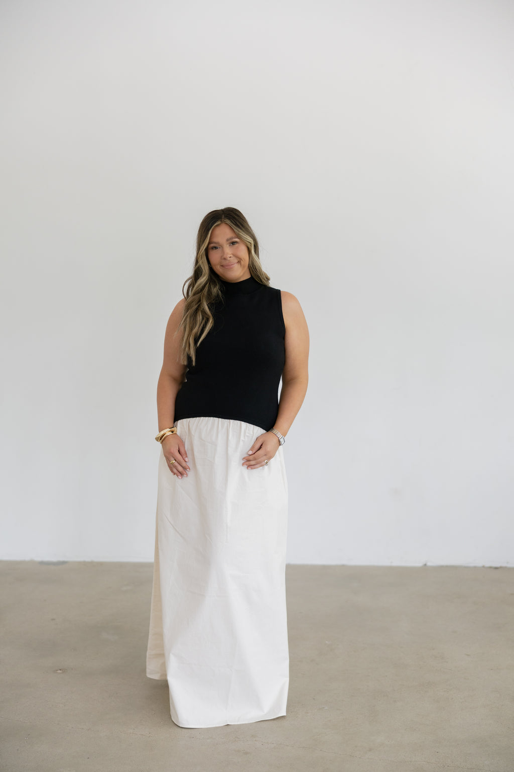 Sienna Mixed Media Mock Neck Maxi Dress- Black/Natural