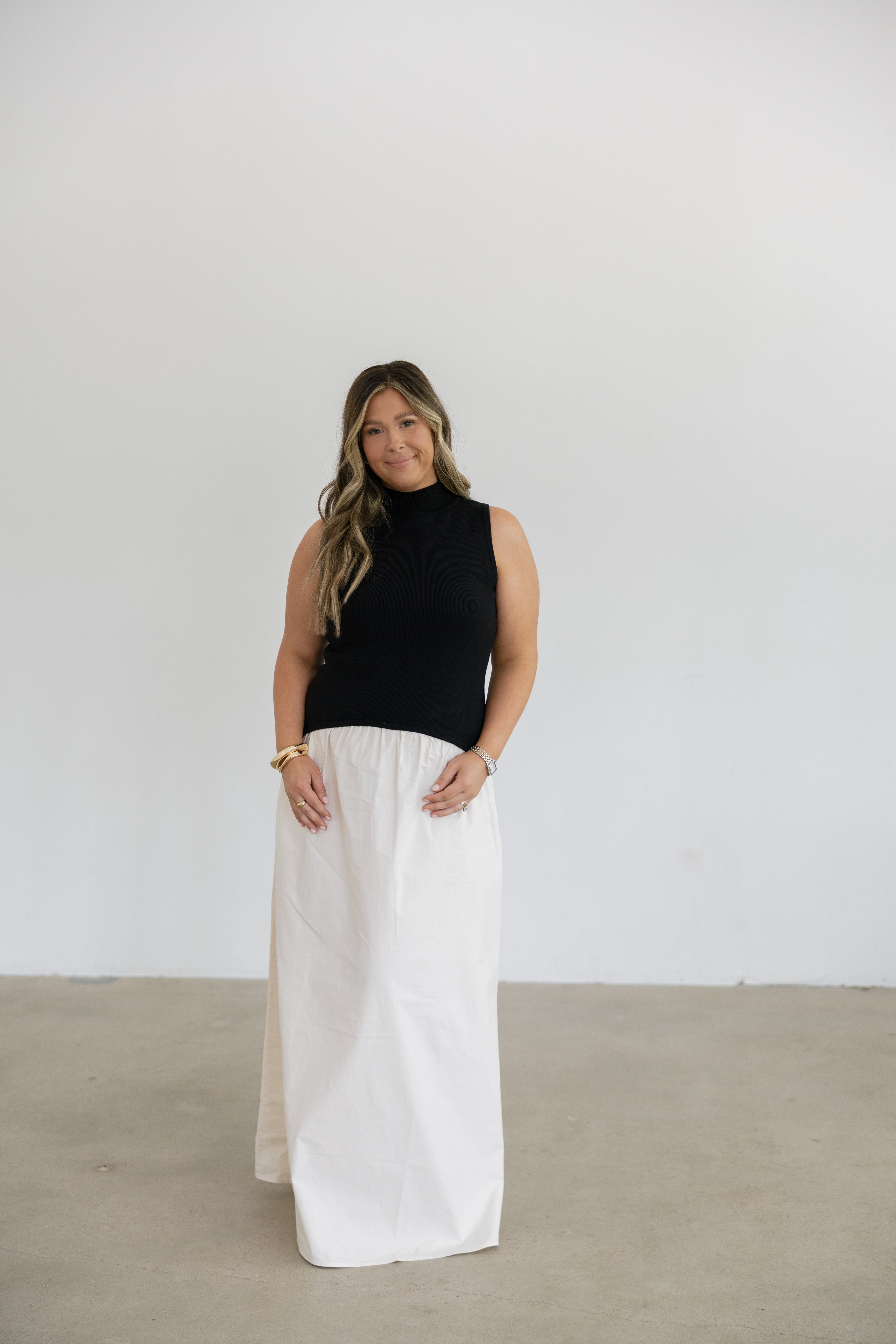 Sienna Mixed Media Mock Neck Maxi Dress- Black/Natural