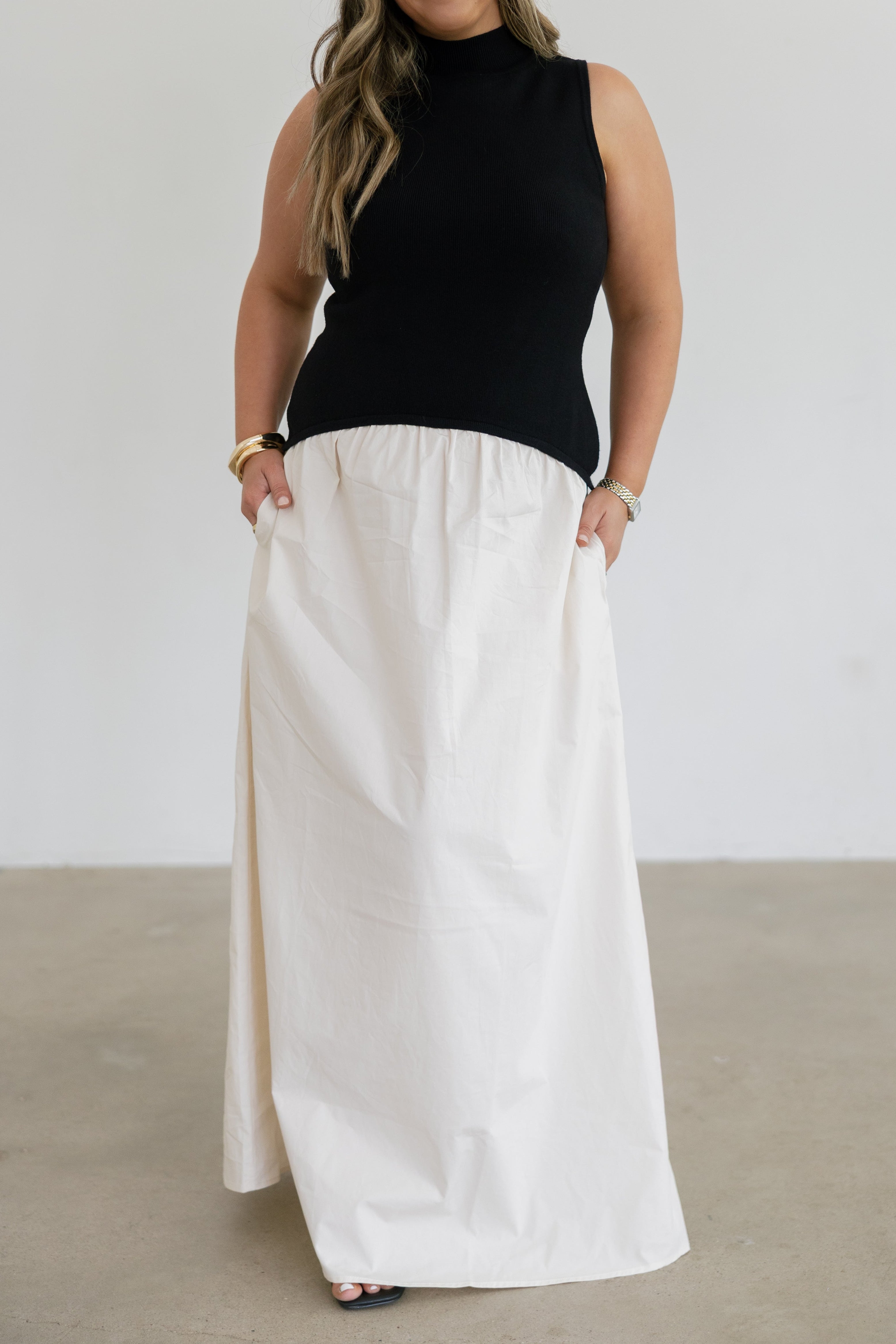 Sienna Mixed Media Mock Neck Maxi Dress- Black/Natural