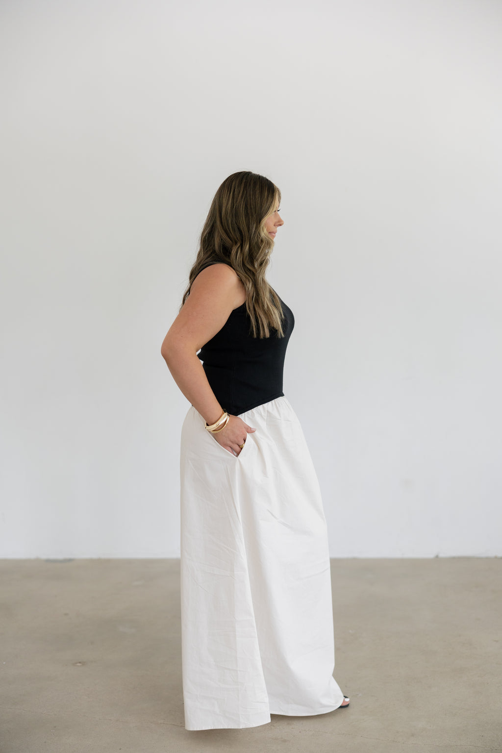 Sienna Mixed Media Mock Neck Maxi Dress- Black/Natural