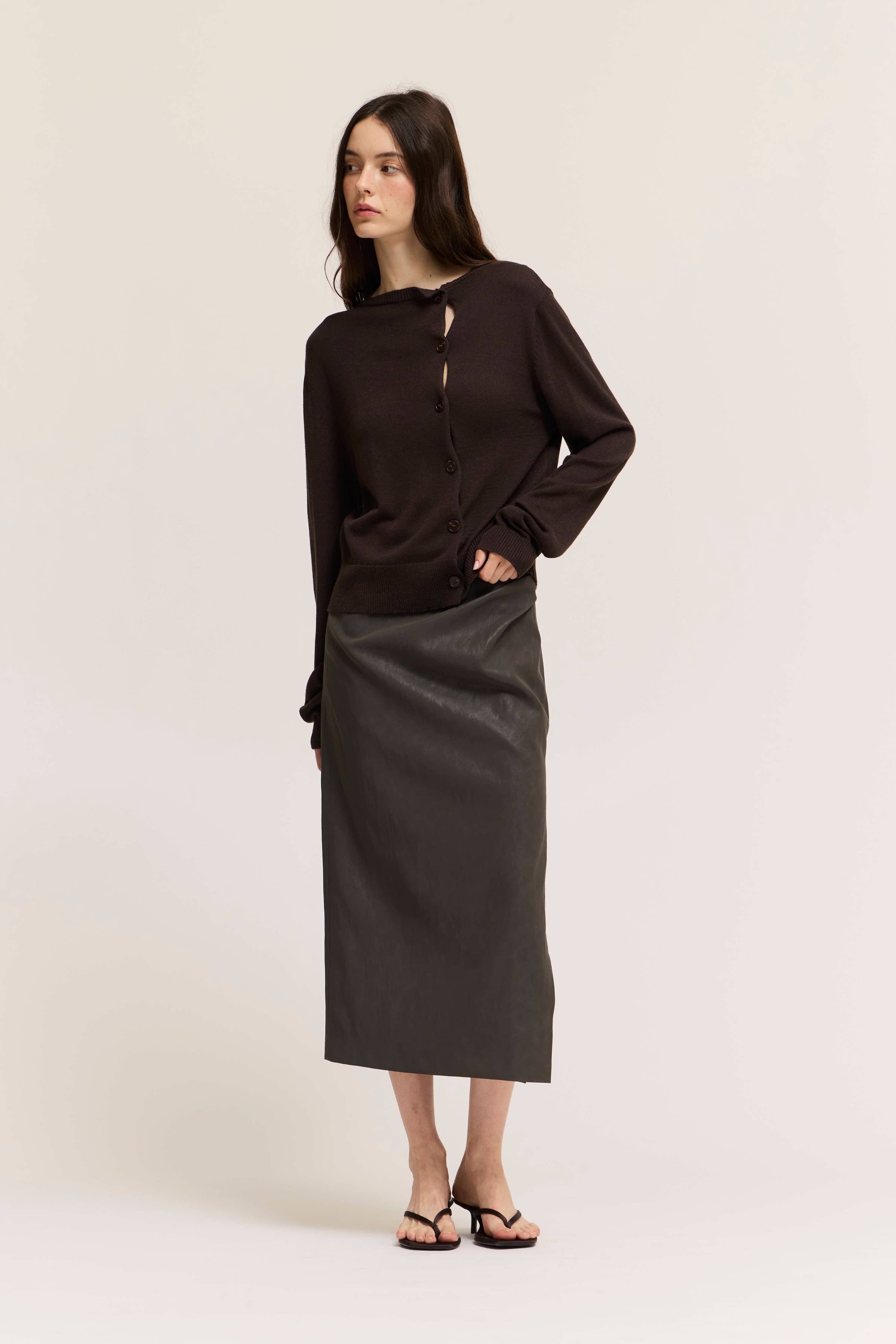 Ella Irregular Button Up Cardigan- Dark Chocolate