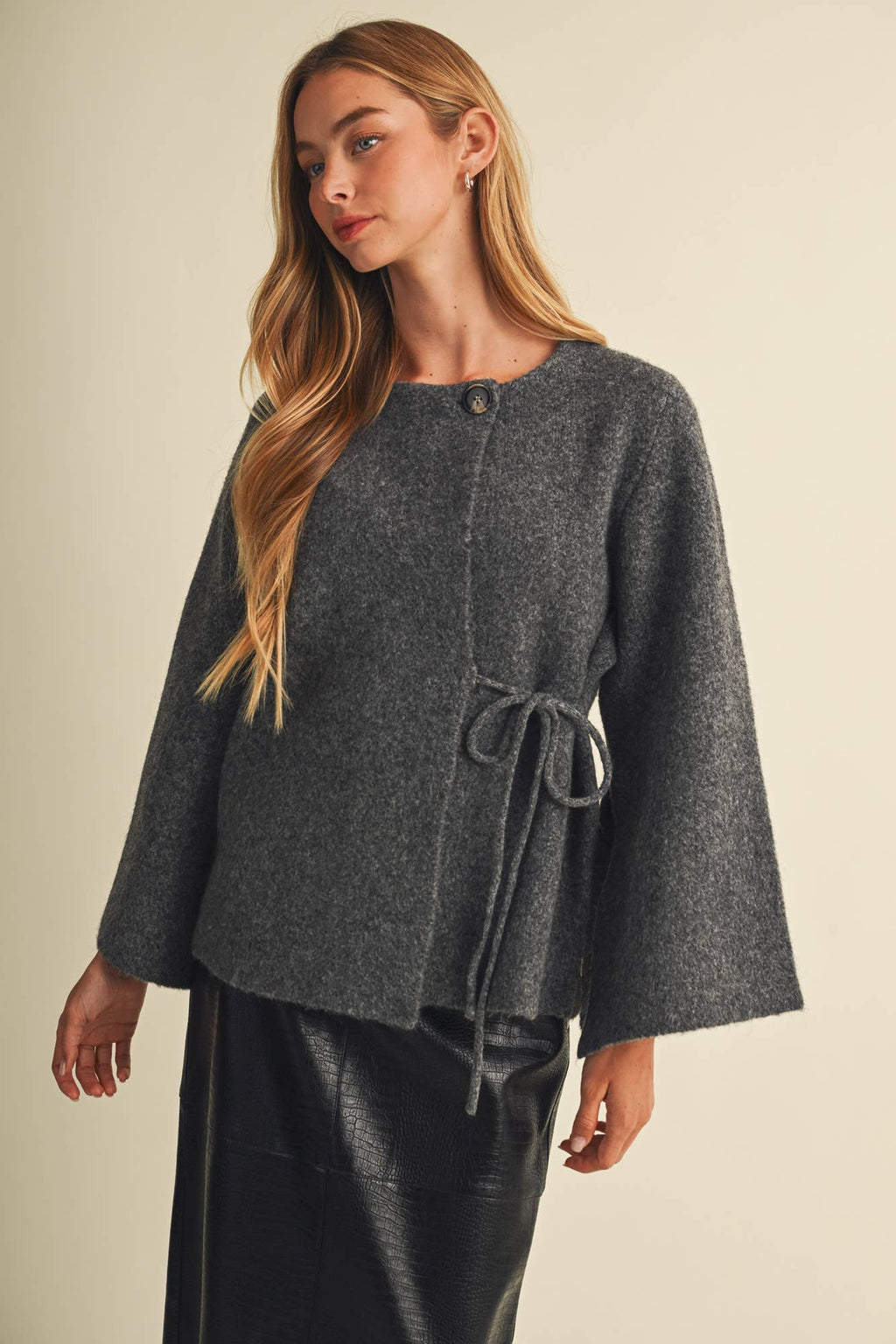 Kate Felted Knit Wide-Sleeve Wrap Blouse- Charcoal