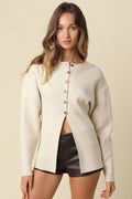 Cara Button Front Peplum Sweater- Beige