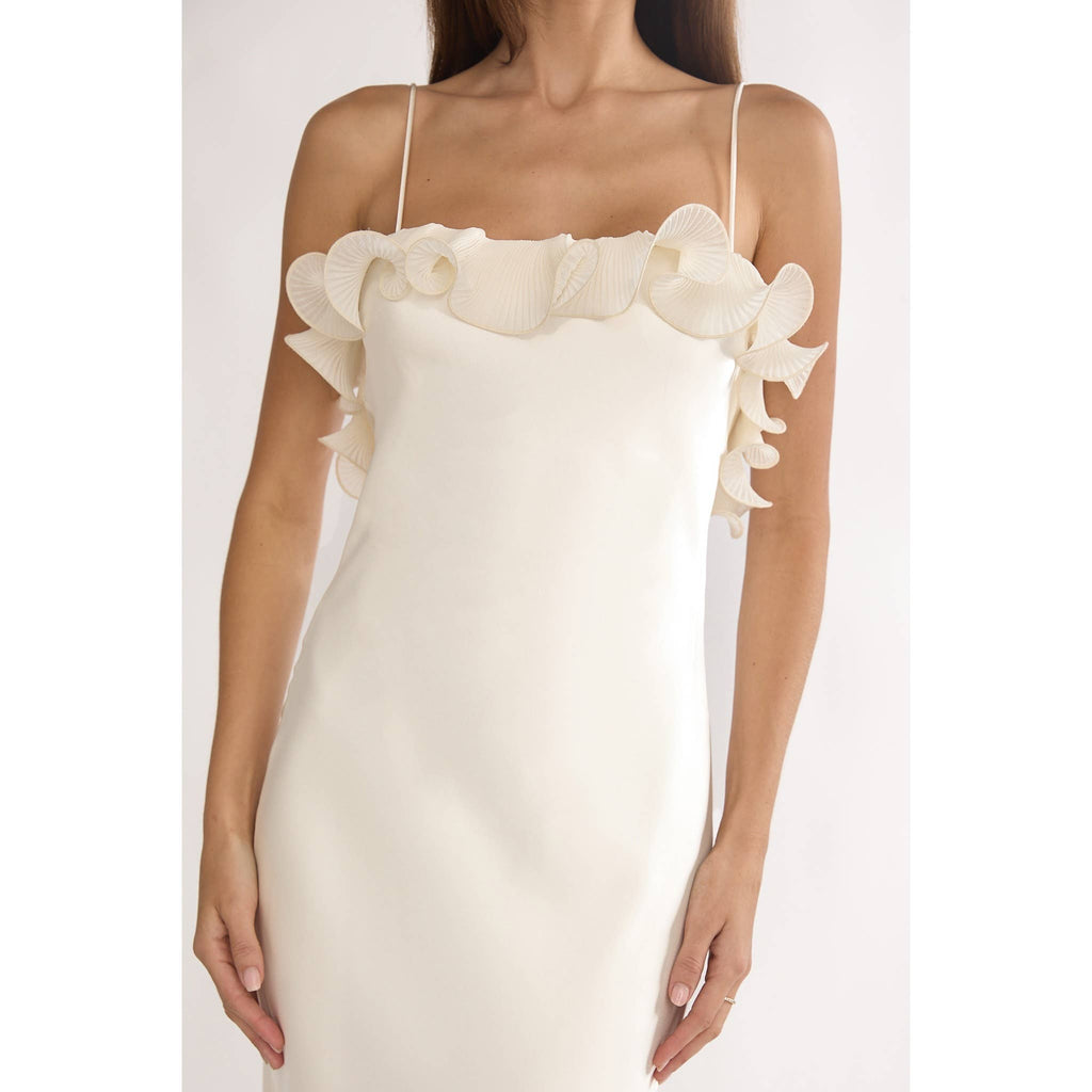 Sydney Asymmetrical Off Shoulder Ruffle Midi Dress- Oyster