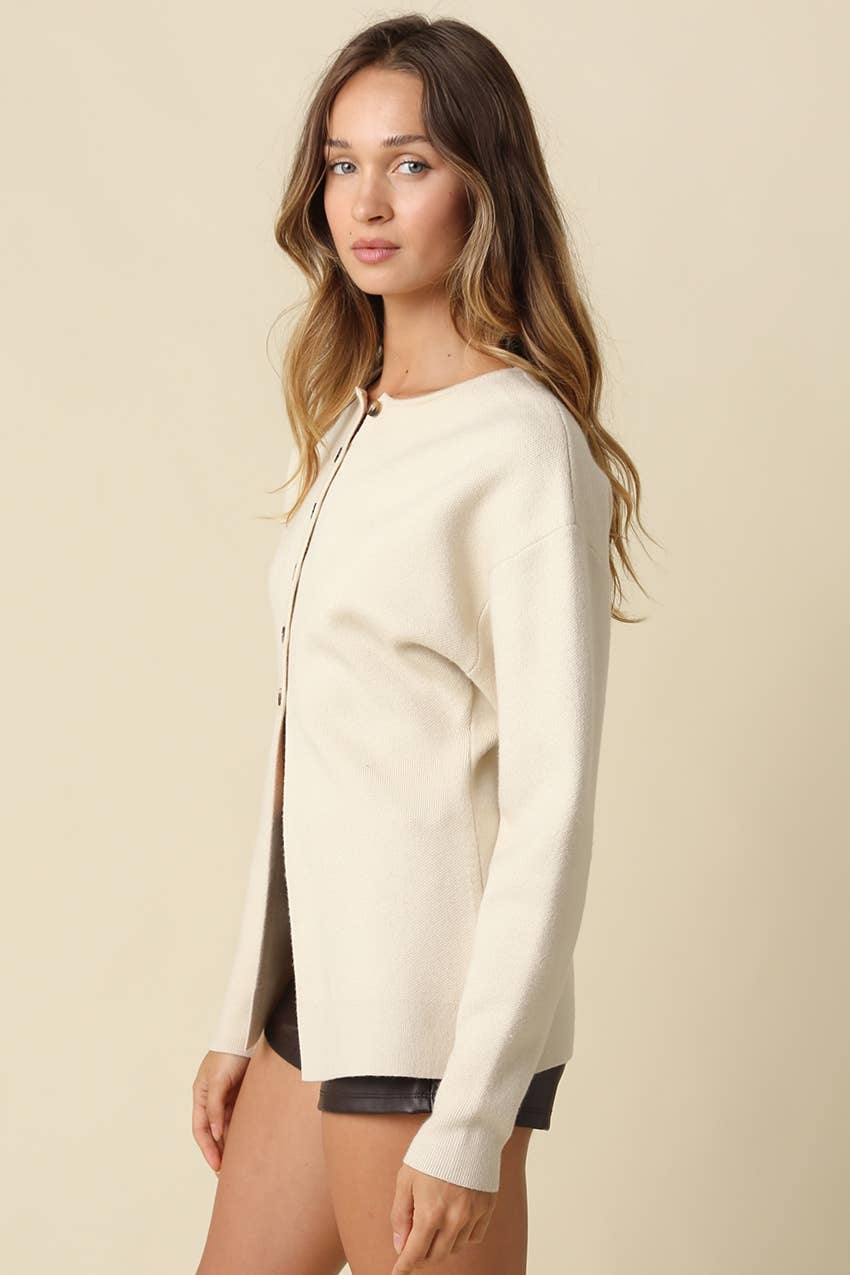 Cara Button Front Peplum Sweater- Beige