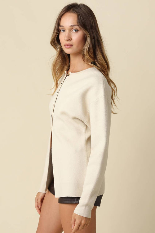 Cara Button Front Peplum Sweater- Beige