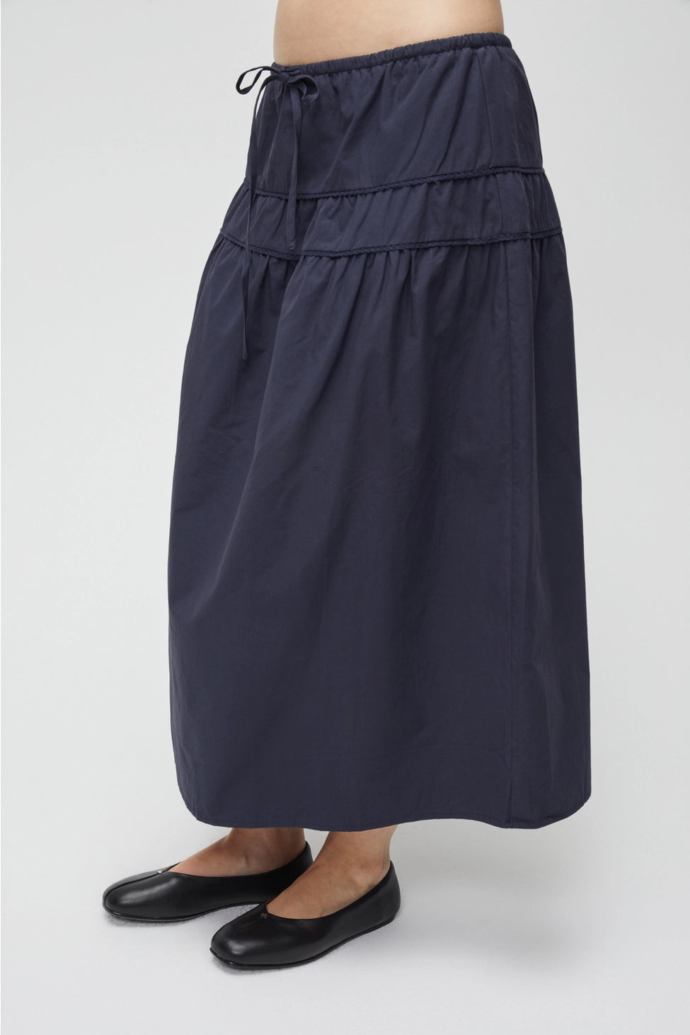 Vanessa Tiered Cotton Skirt with Lace Trim- Navy