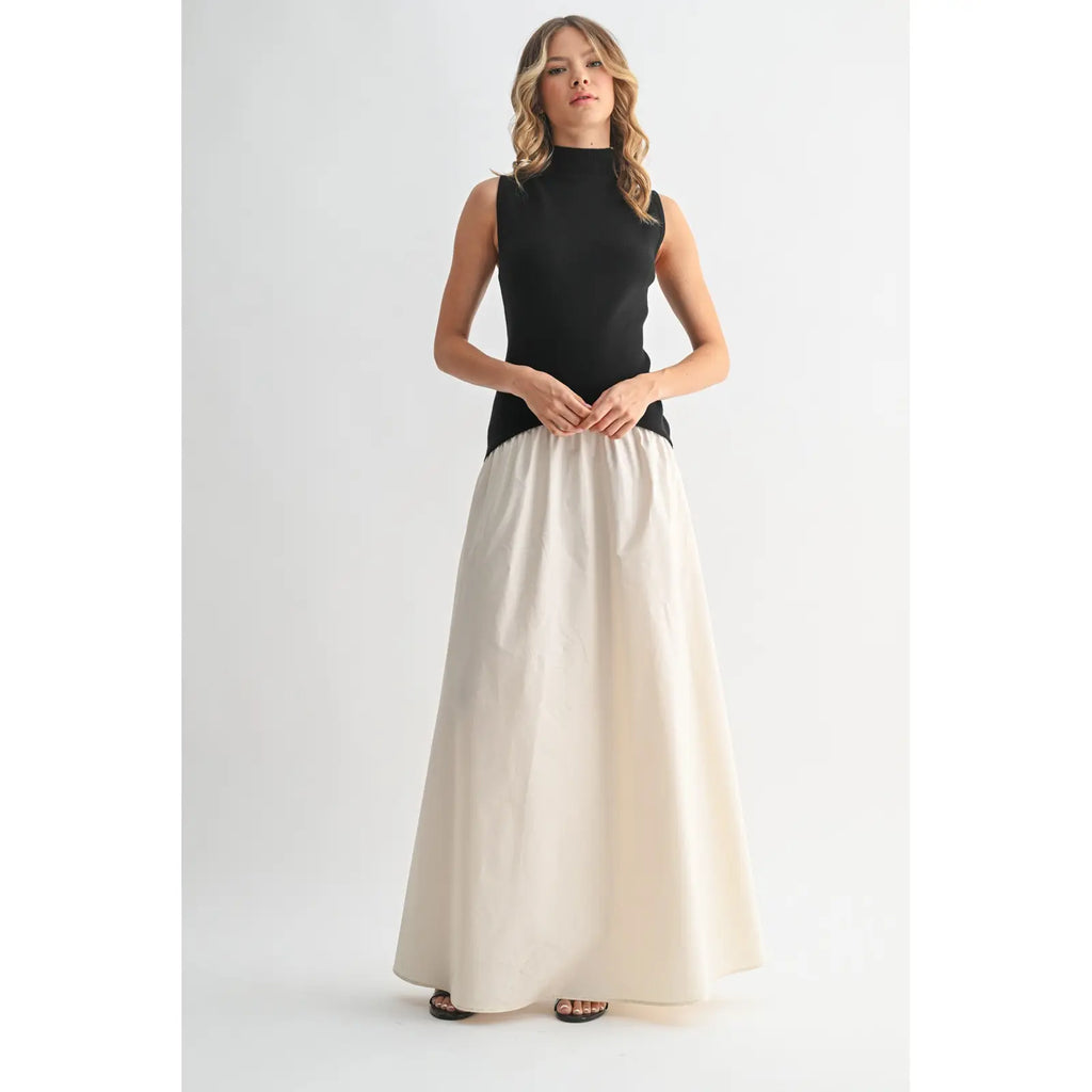 Sienna Mixed Media Mock Neck Maxi Dress- Black/Natural