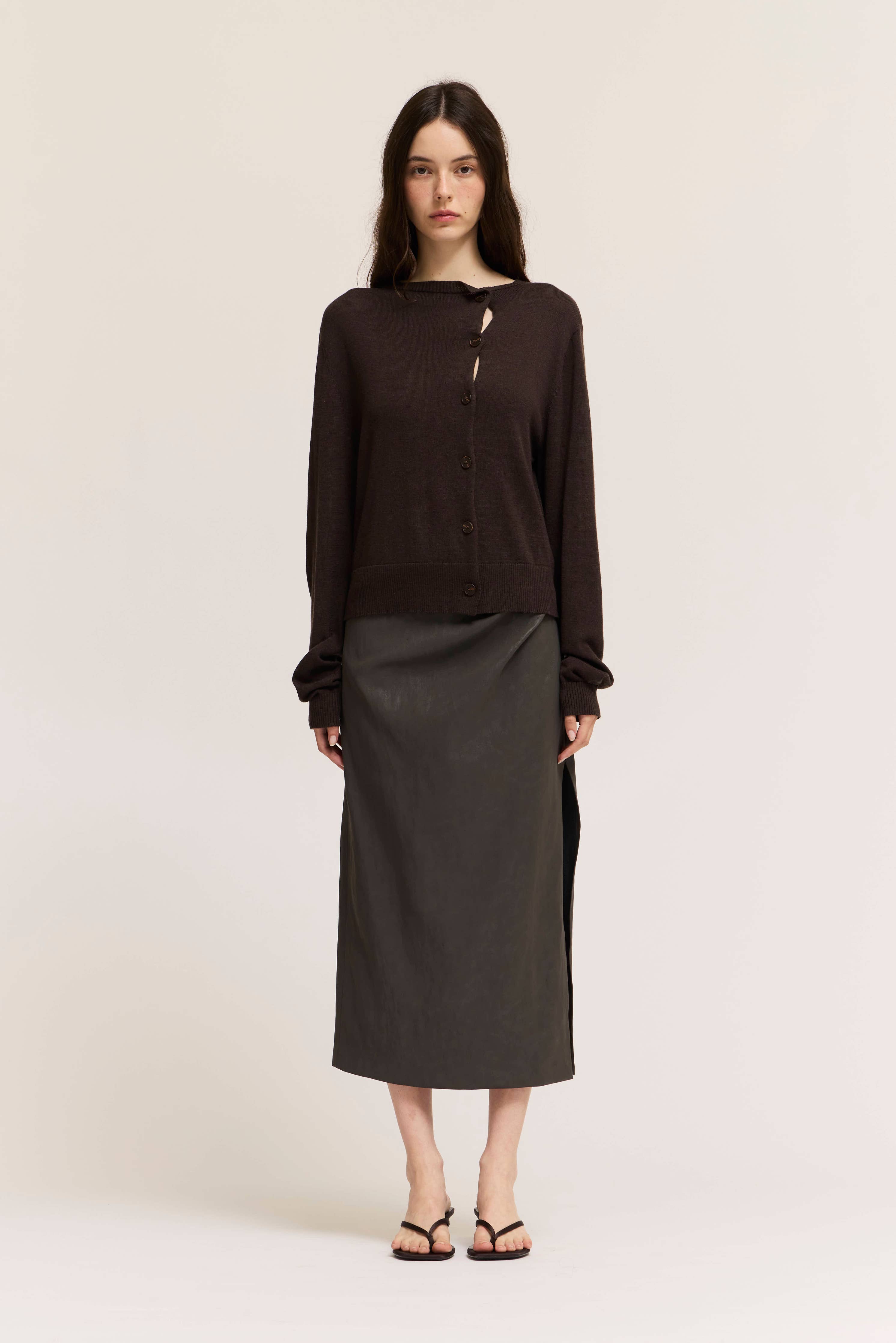 Ella Irregular Button Up Cardigan- Dark Chocolate