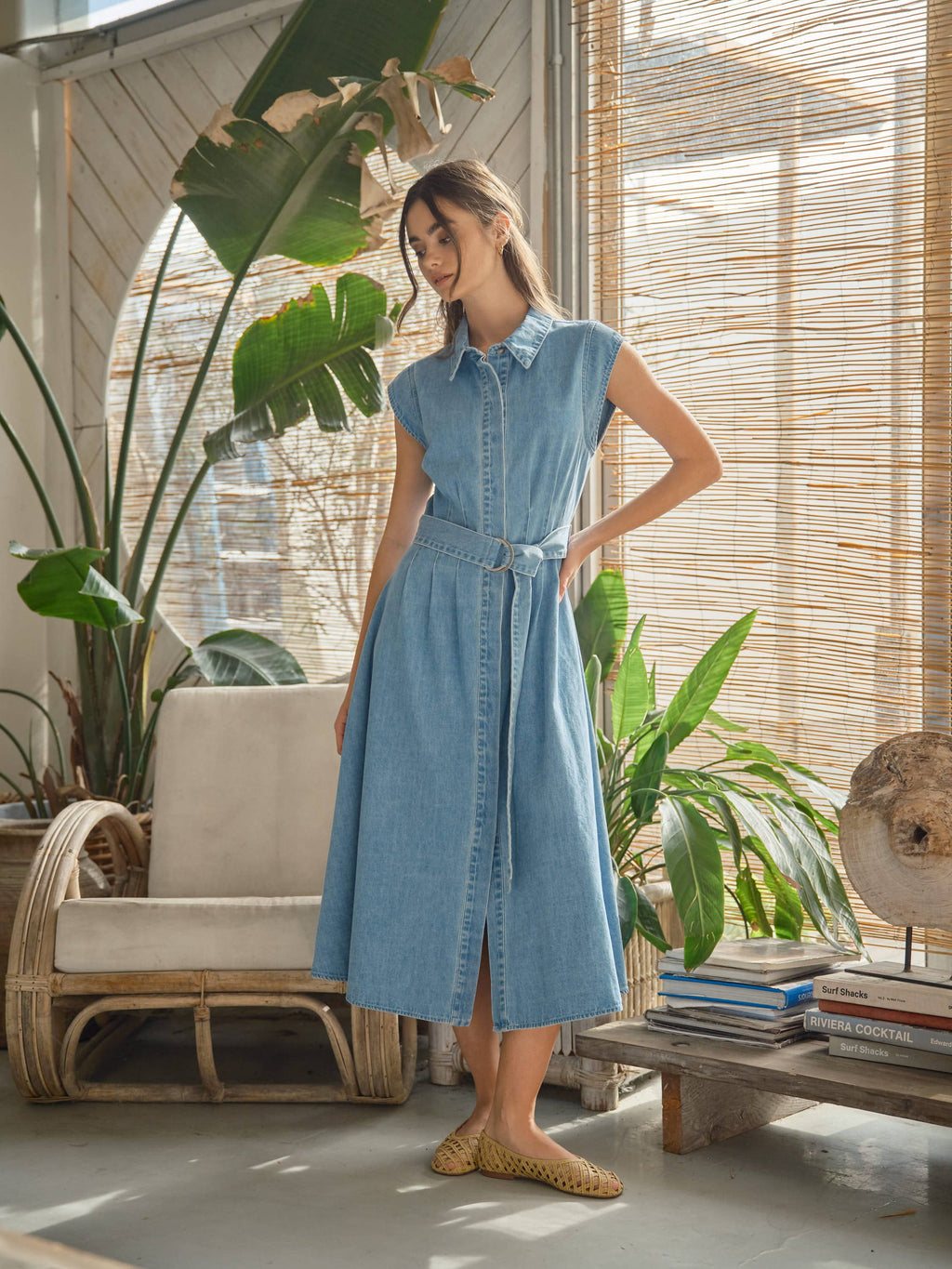 Jenny Cap Sleeve Belted Button Down Midi Dress- Denim
