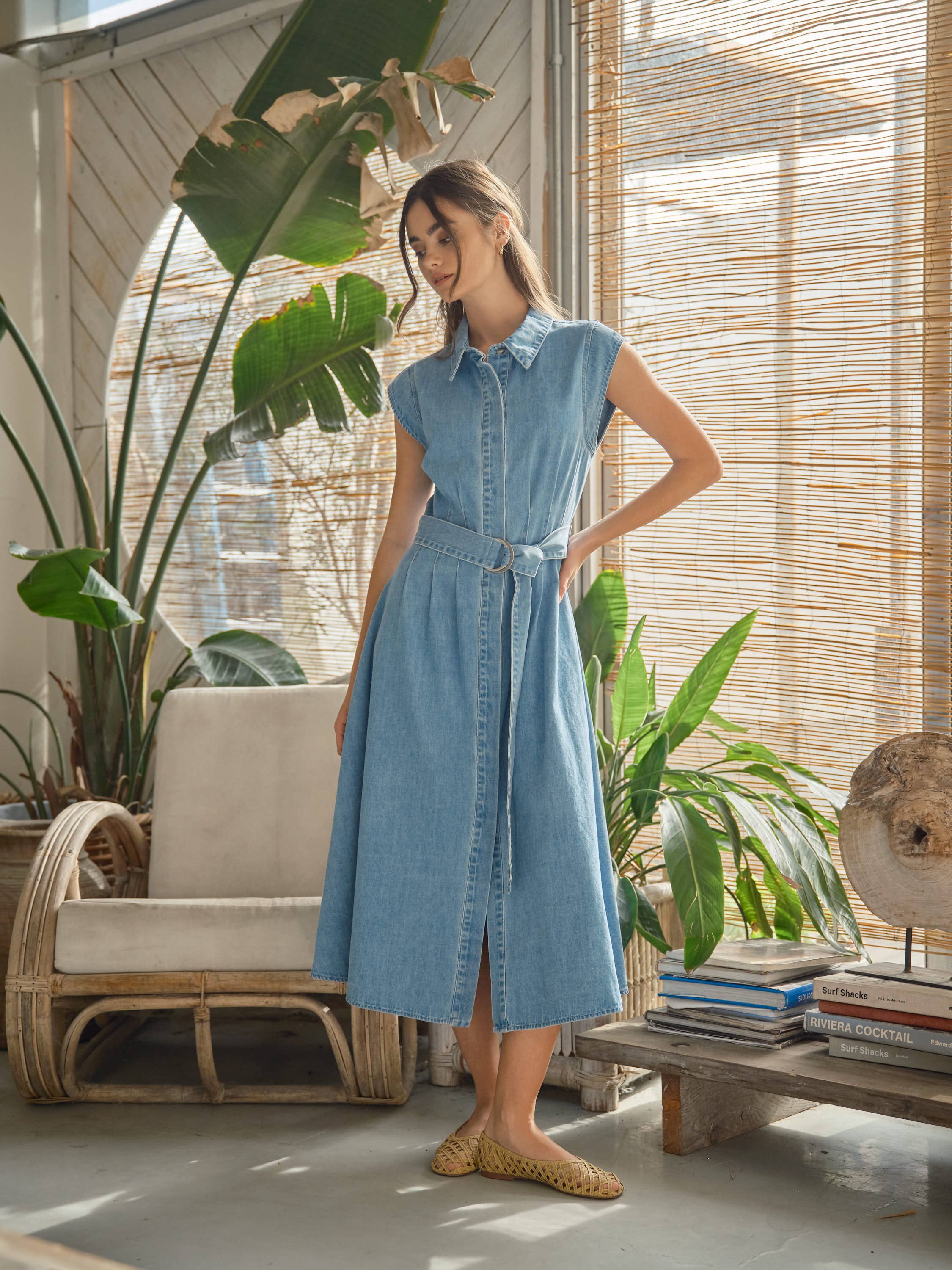 Jenny Cap Sleeve Belted Button Down Midi Dress- Denim