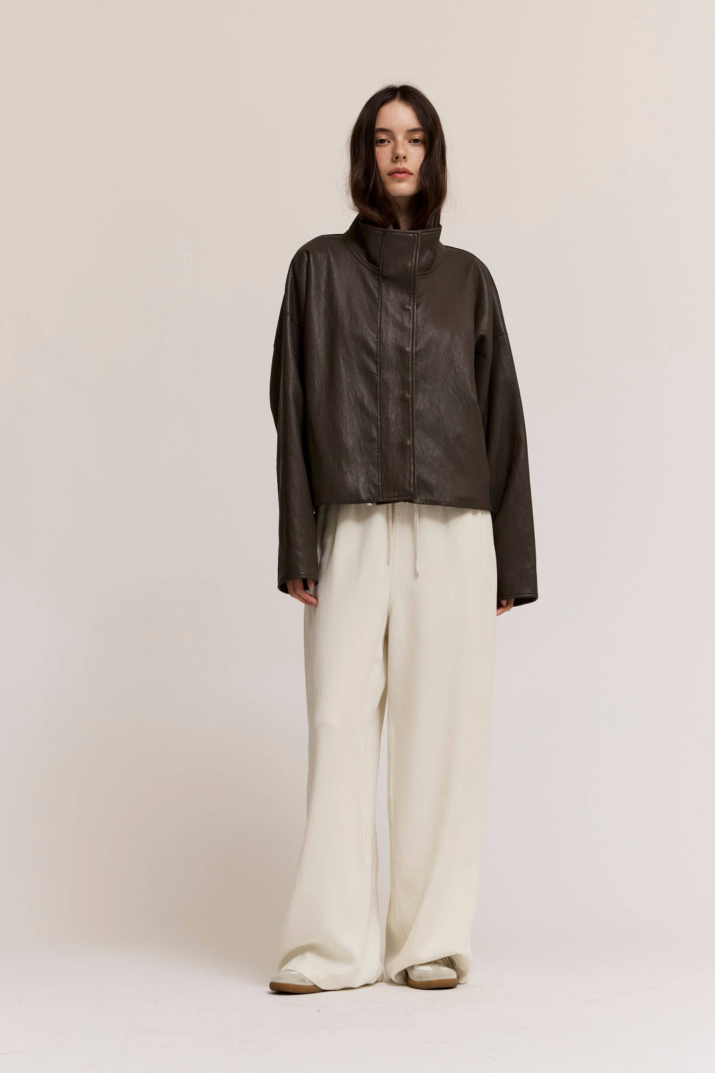 Kora Funnel Neck Vegan Leather Jacket- Ash Olive