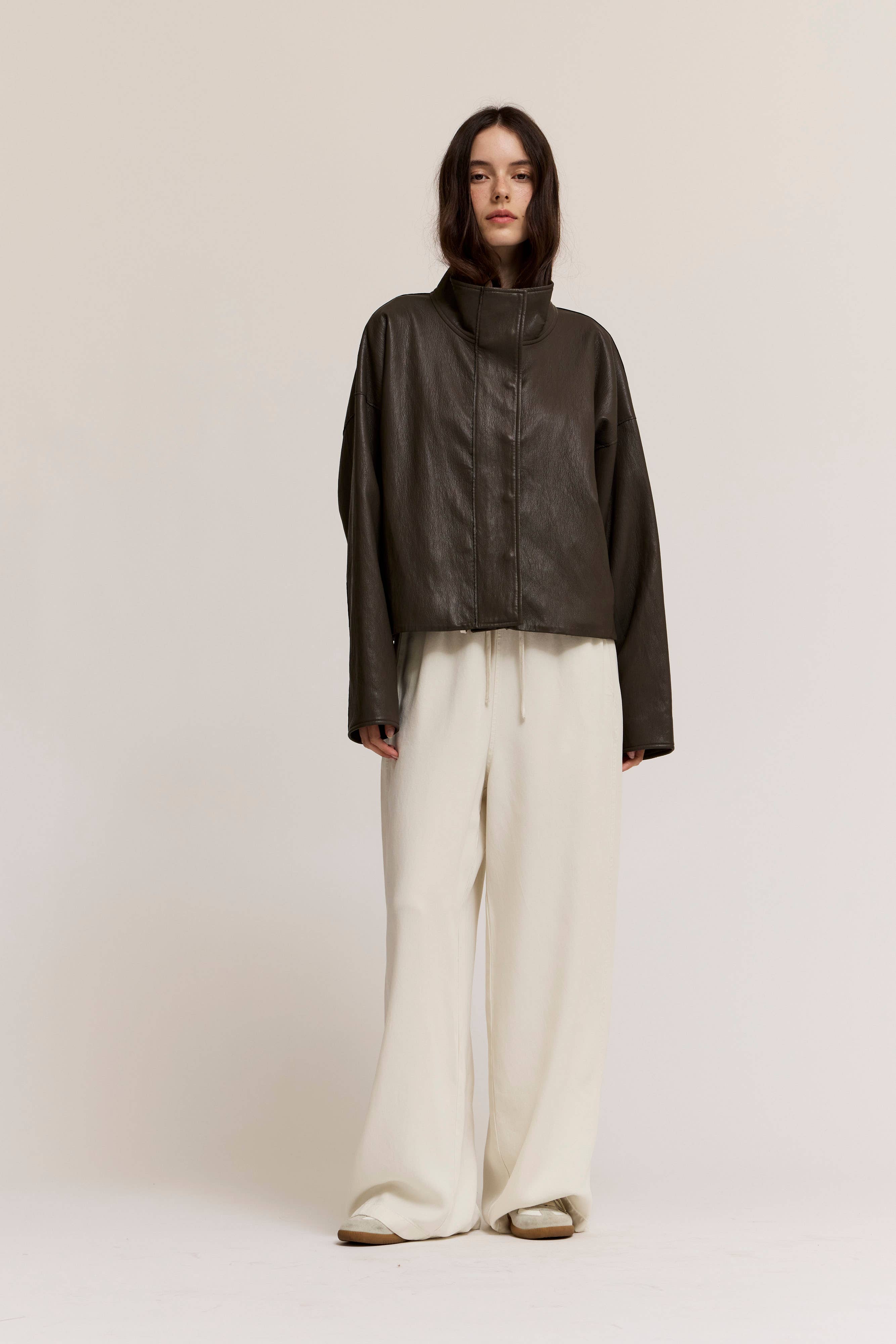 Kora Funnel Neck Vegan Leather Jacket- Ash Olive