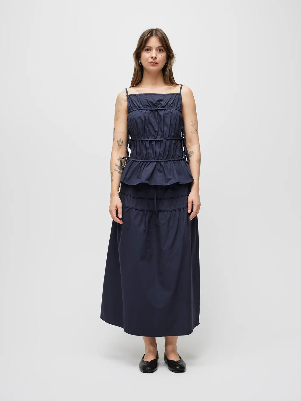 Vanessa Tiered Cotton Skirt with Lace Trim- Navy