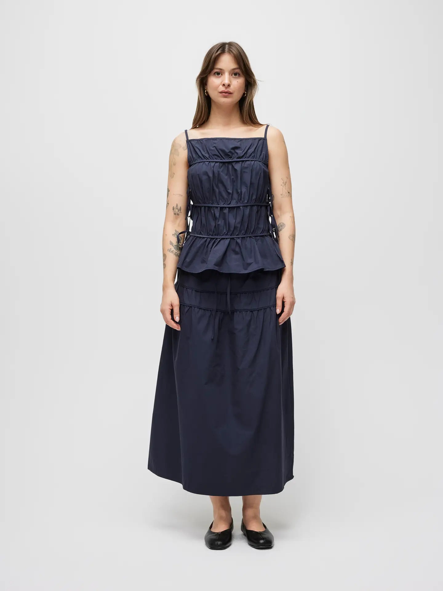 Vanessa Tiered Cotton Skirt with Lace Trim- Navy