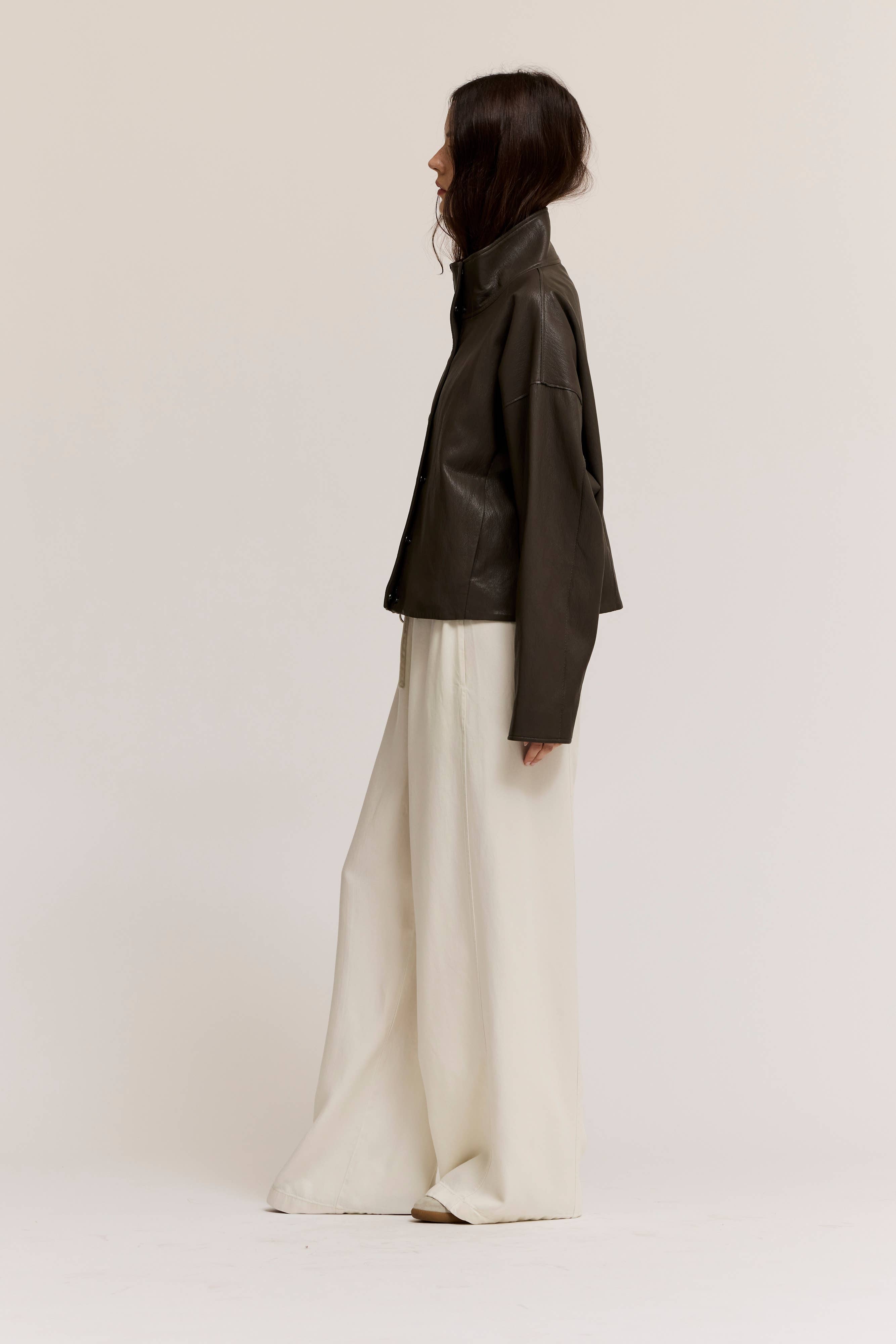 Kora Funnel Neck Vegan Leather Jacket- Ash Olive