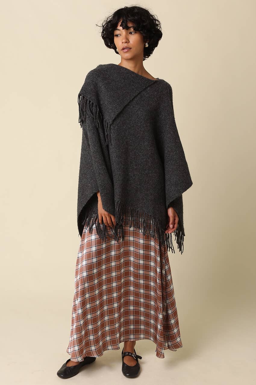 Mabel Fringe Knit Poncho- Charcoal