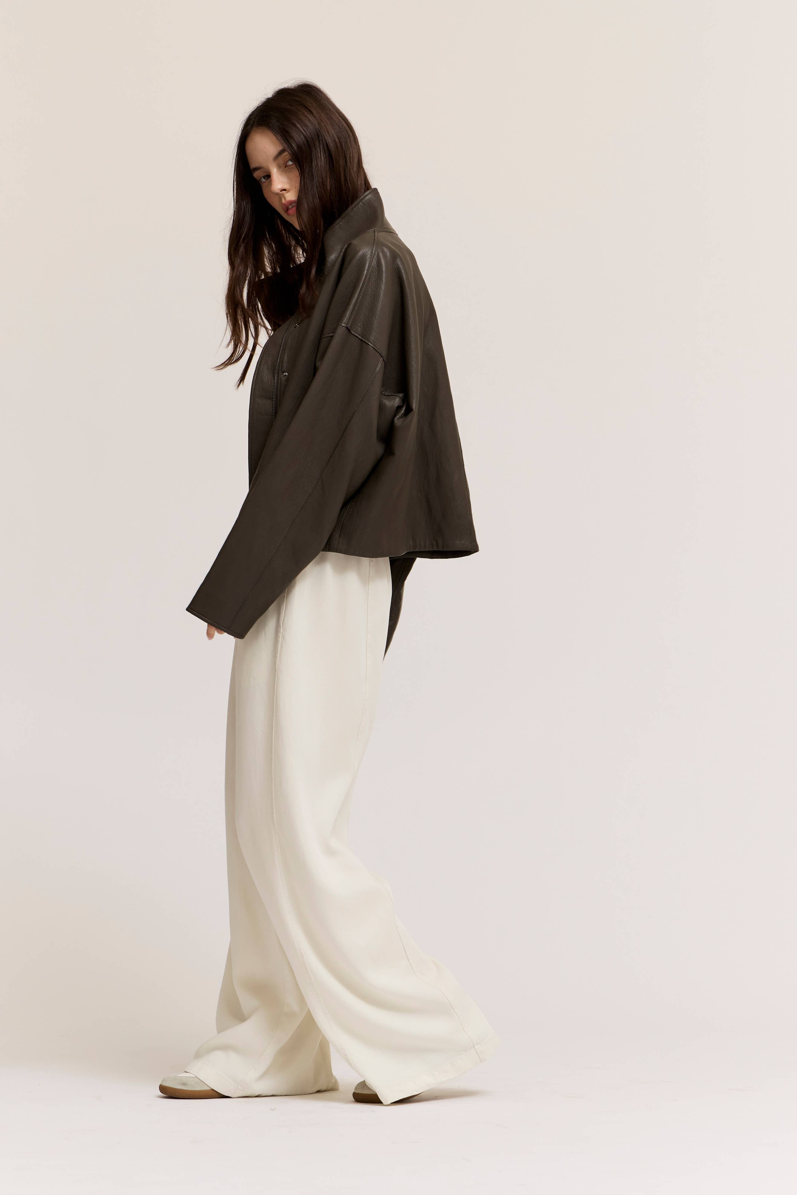 Kora Funnel Neck Vegan Leather Jacket- Ash Olive