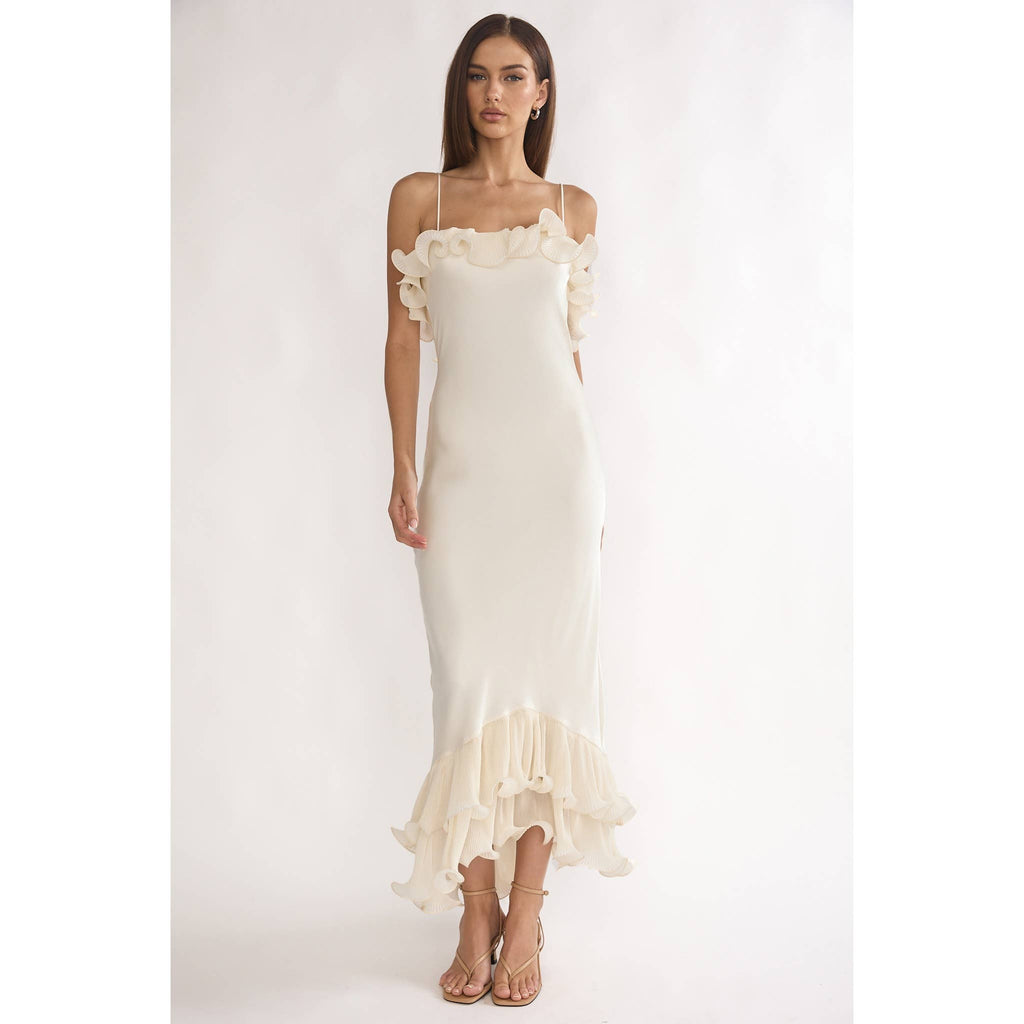 Sydney Asymmetrical Off Shoulder Ruffle Midi Dress- Oyster