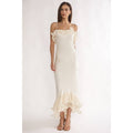 Sydney Asymmetrical Off Shoulder Ruffle Midi Dress- Oyster