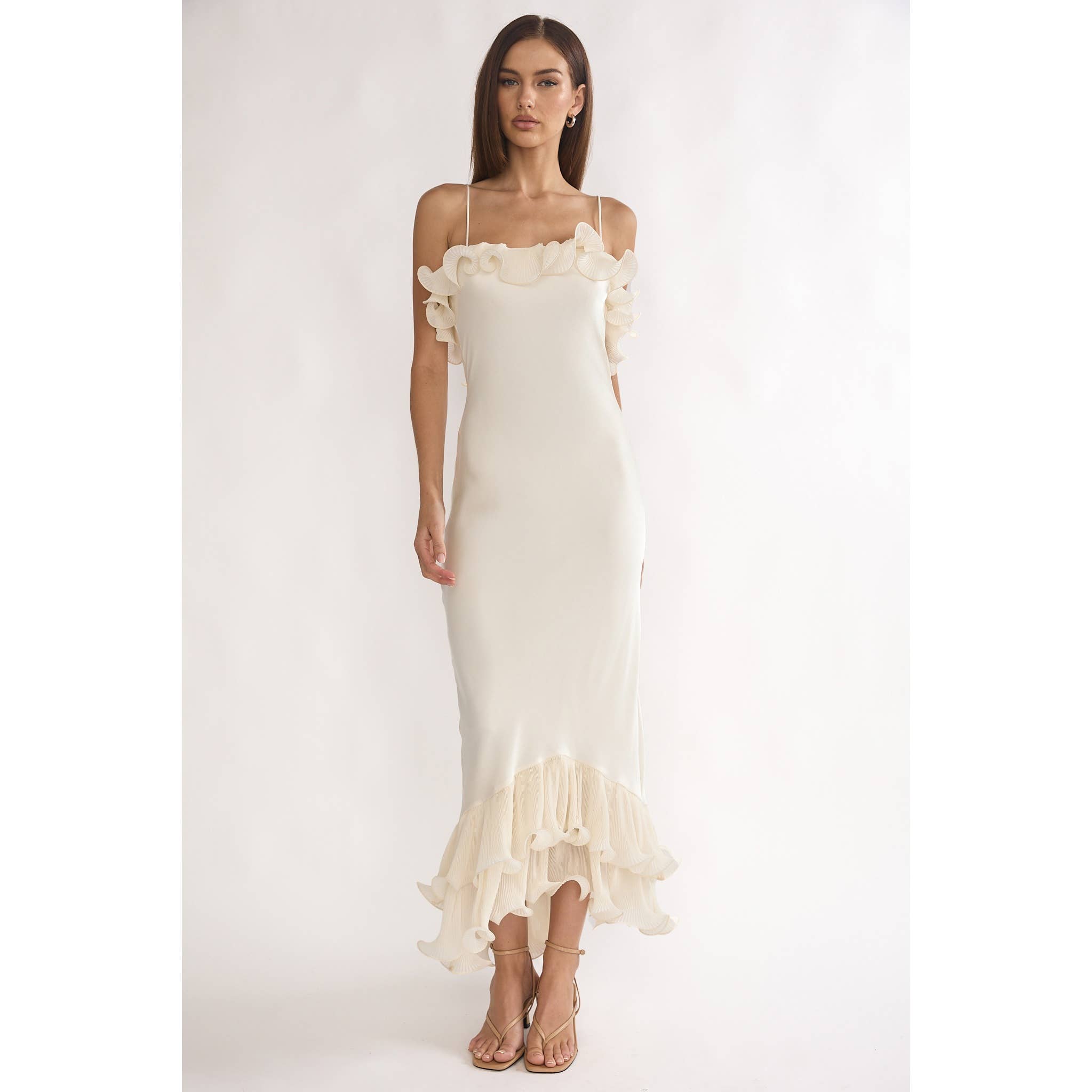 Sydney Asymmetrical Off Shoulder Ruffle Midi Dress- Oyster
