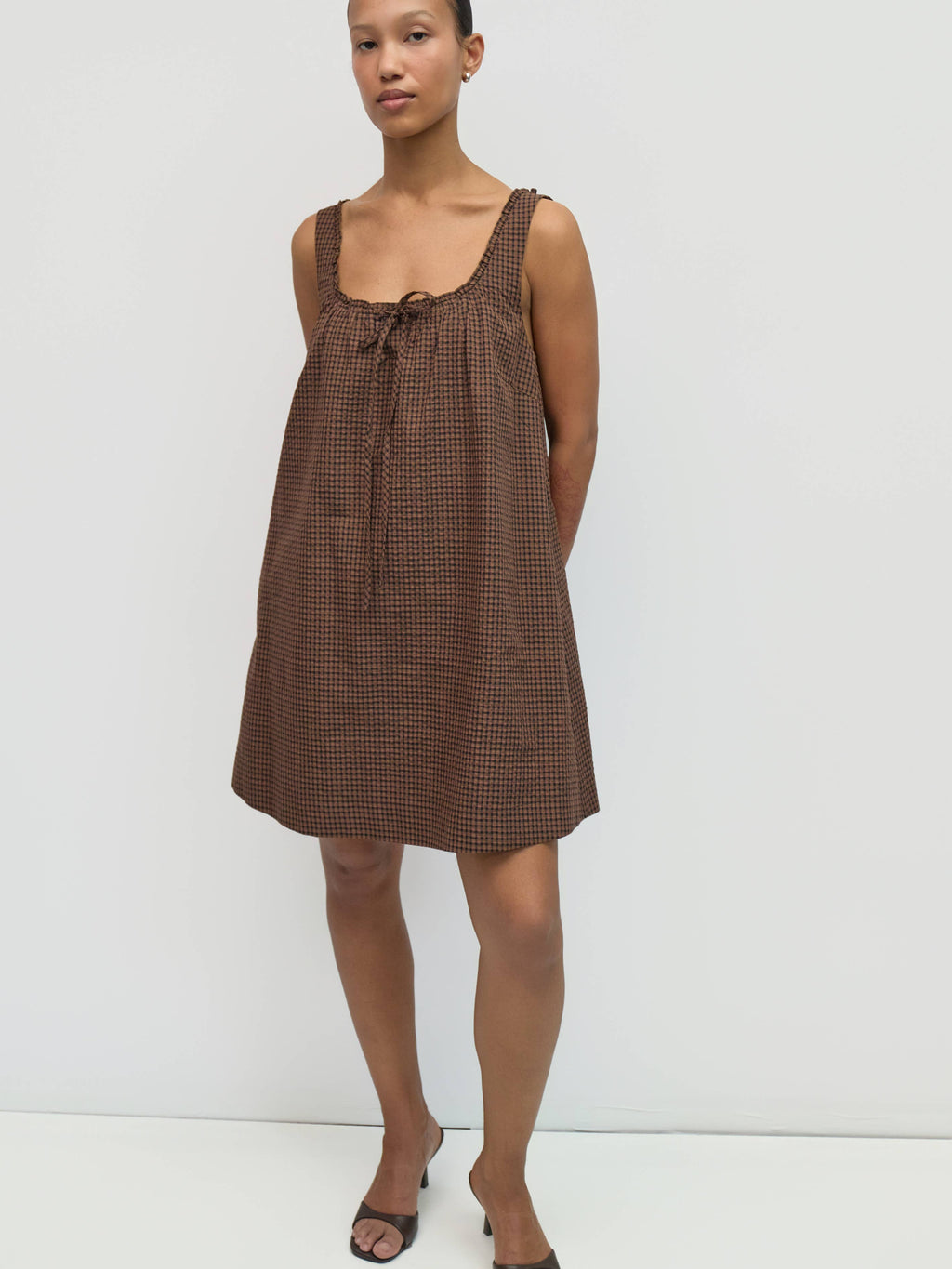 Gabby Plaid Babydoll Mini Dress- Brown/Navy/Red