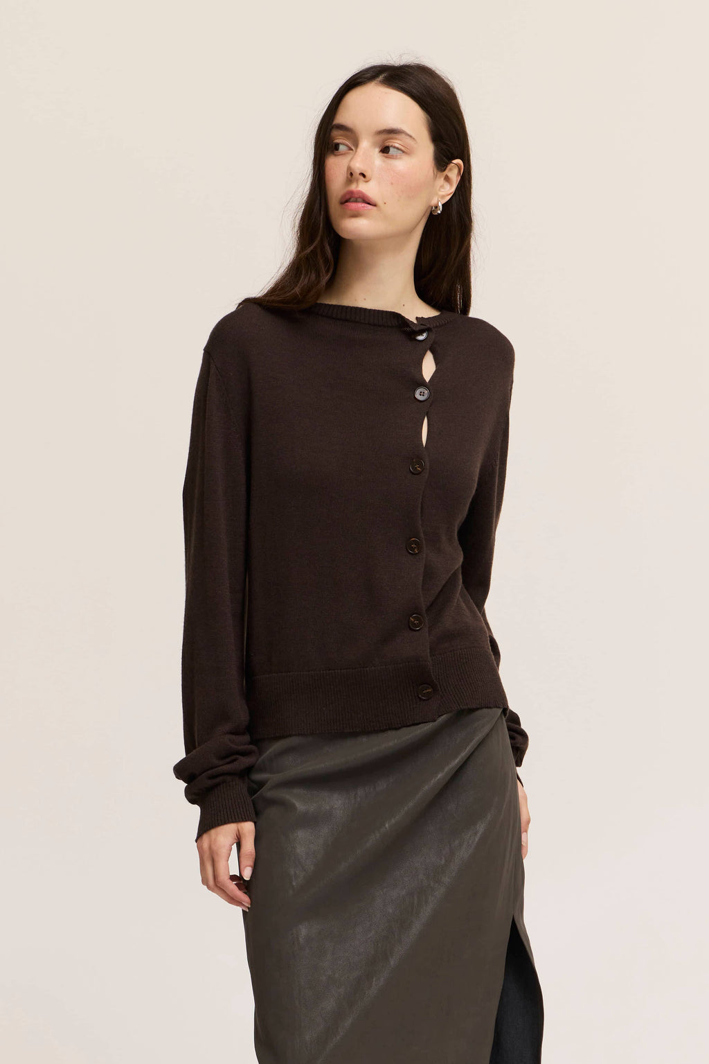 Ella Irregular Button Up Cardigan- Dark Chocolate