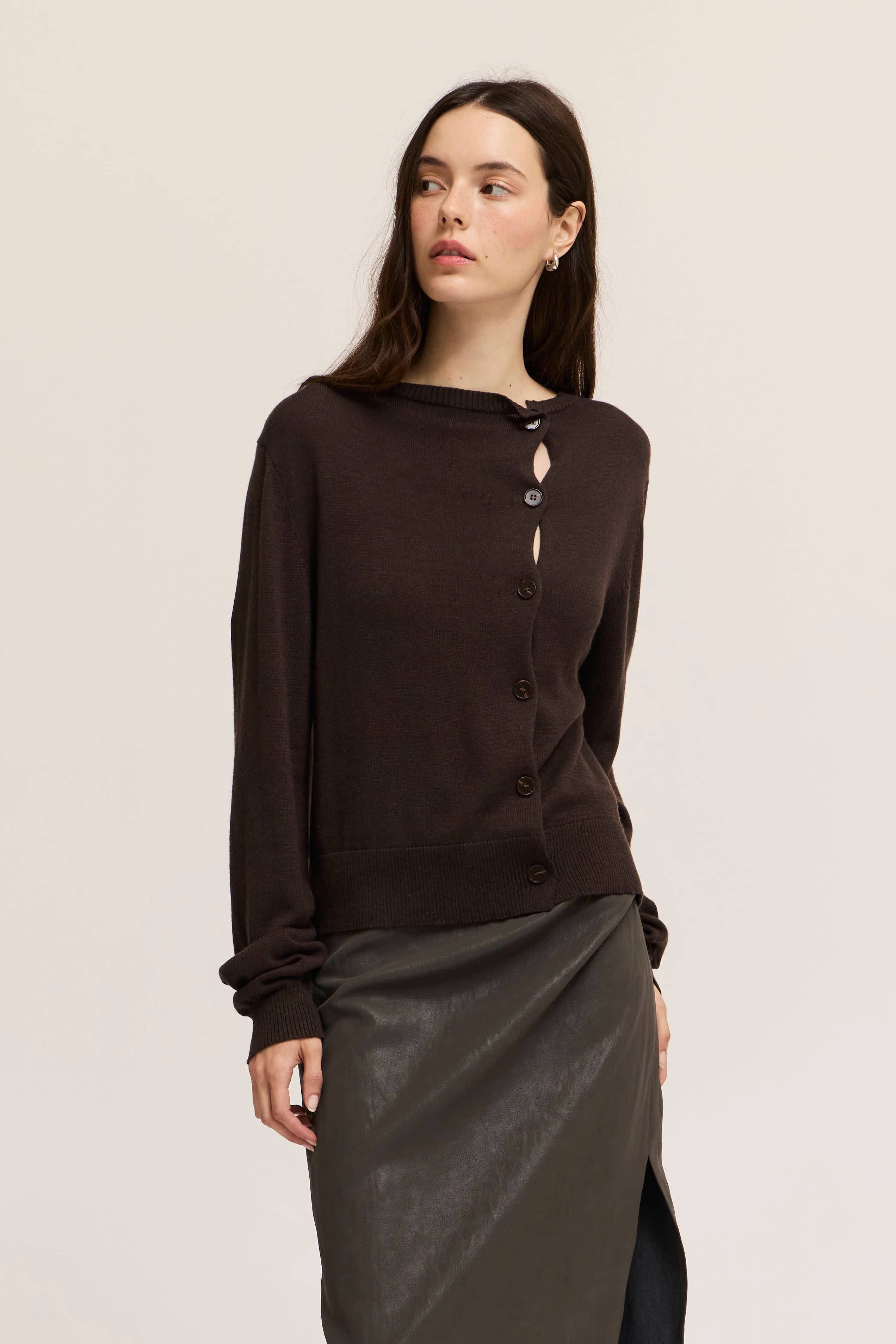Ella Irregular Button Up Cardigan- Dark Chocolate