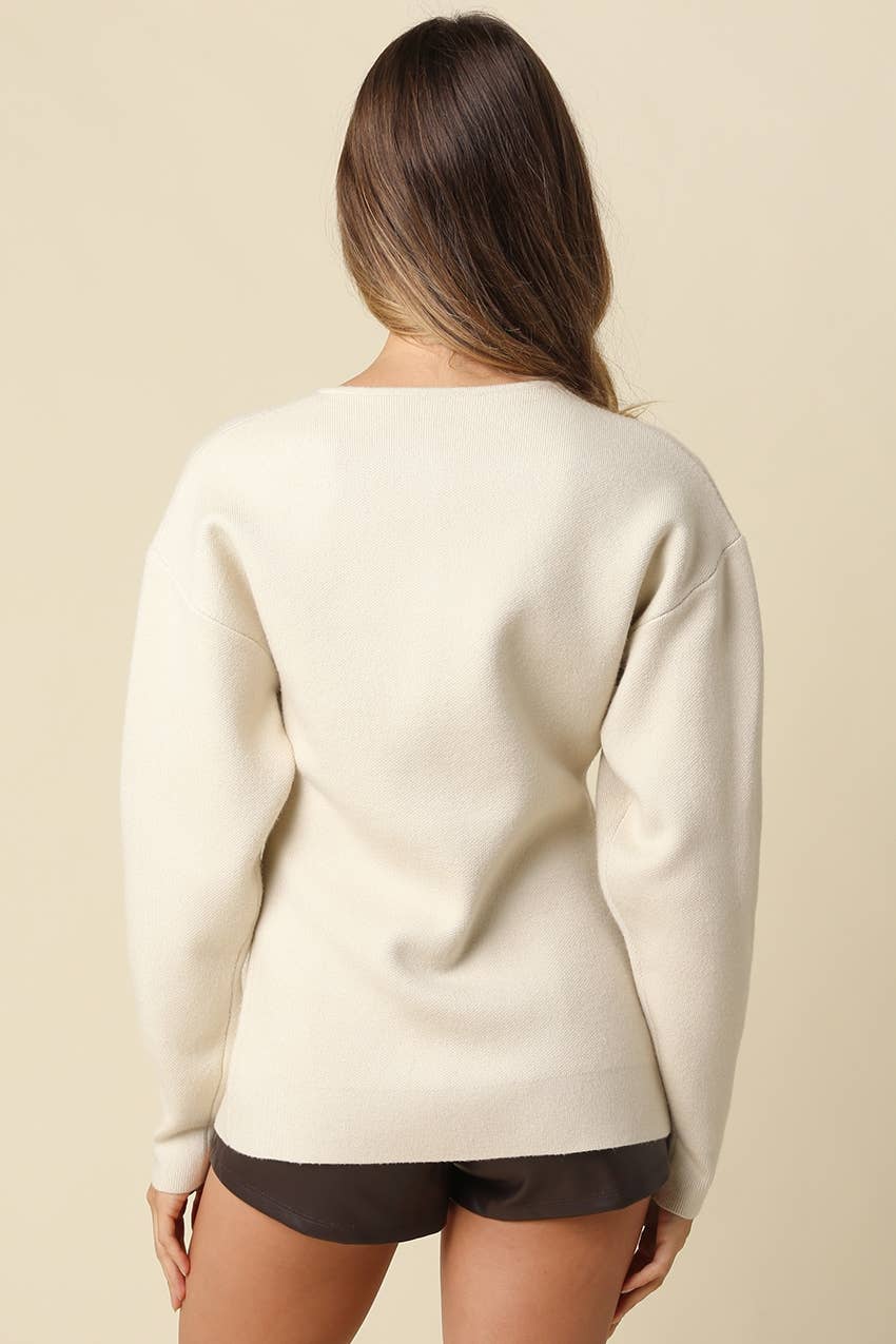 Cara Button Front Peplum Sweater- Beige