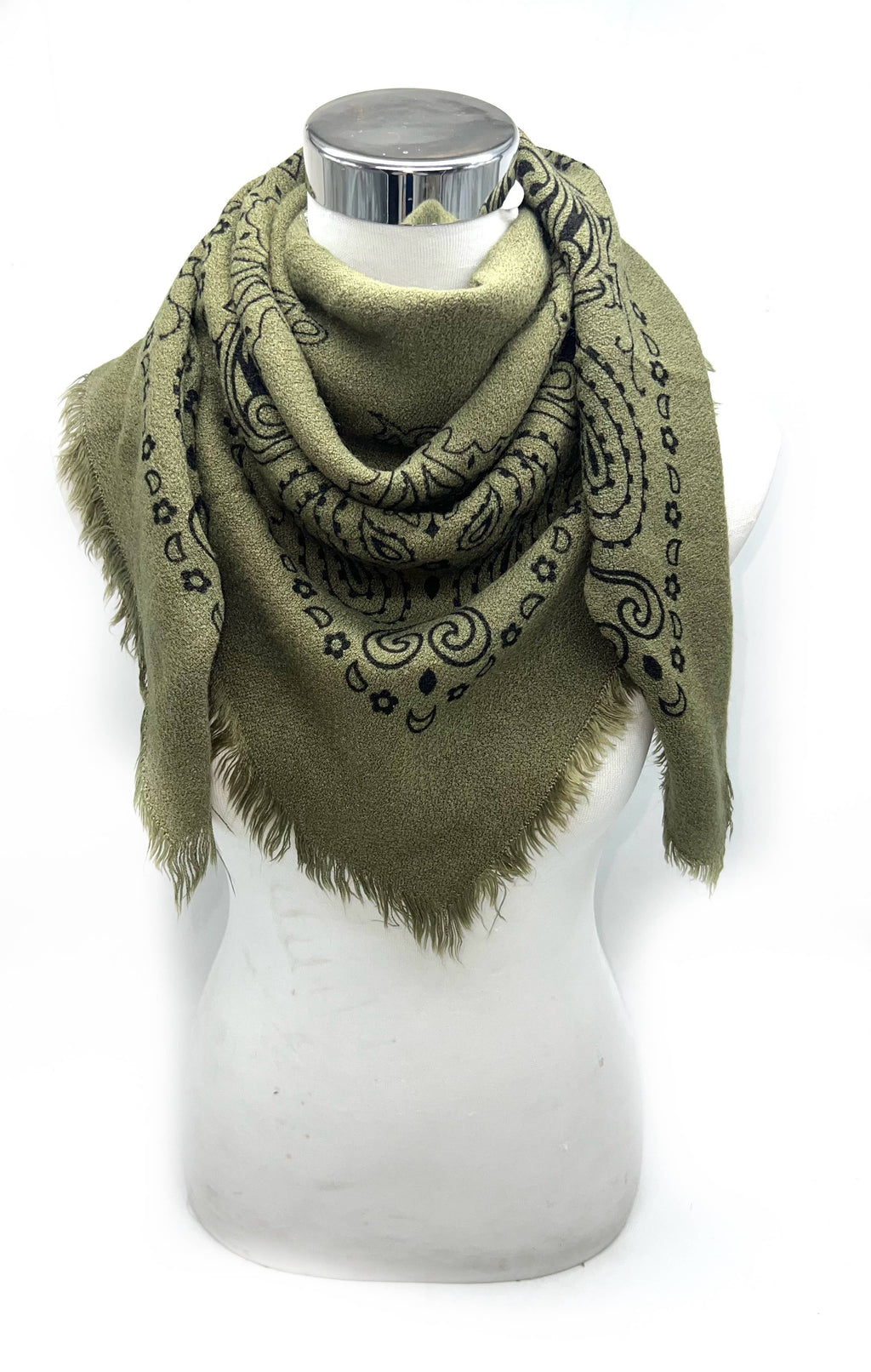 Square Wool Scarf with Paisley Pattern- Green