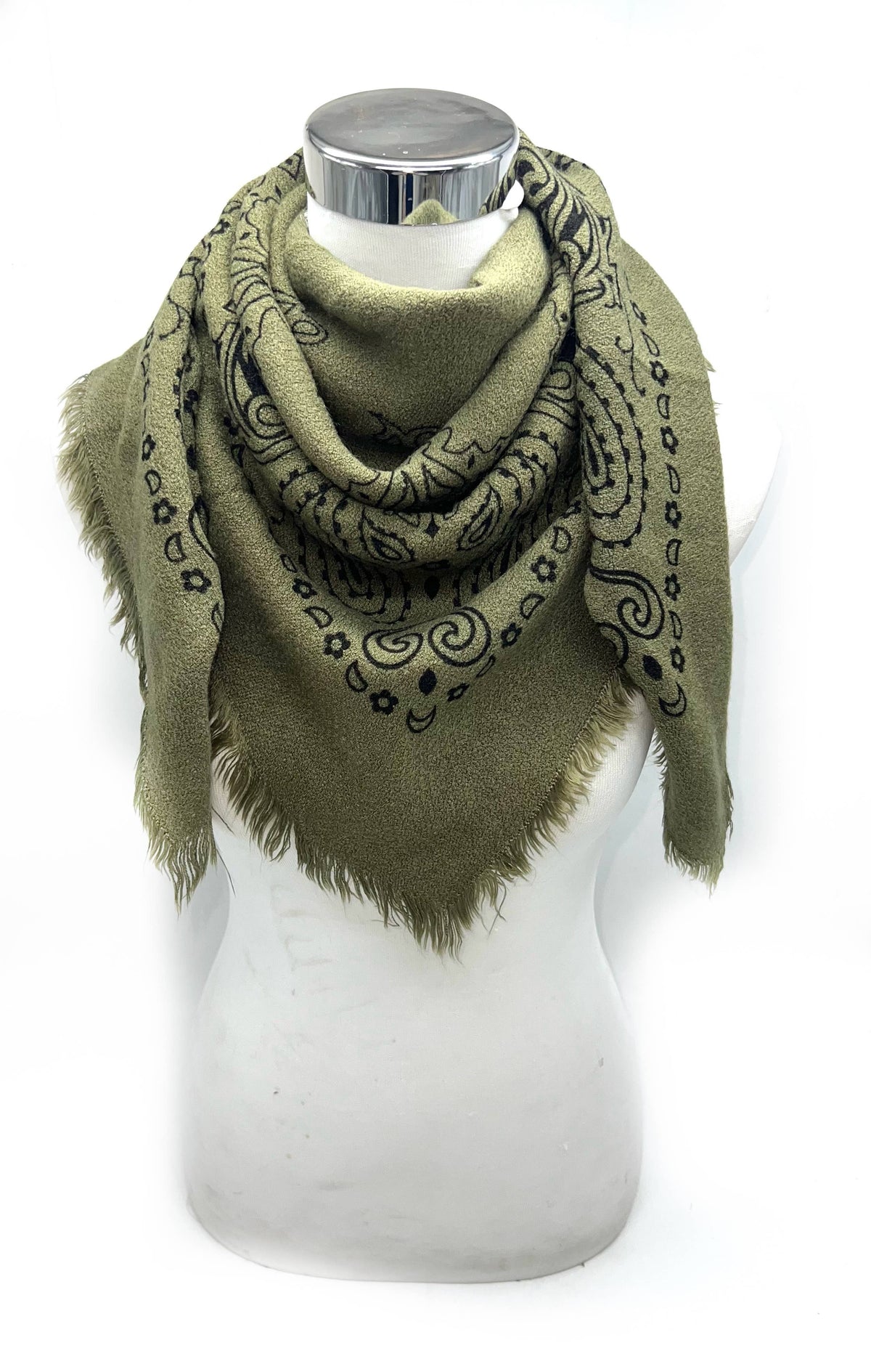 Square Wool Scarf with Paisley Pattern- Green
