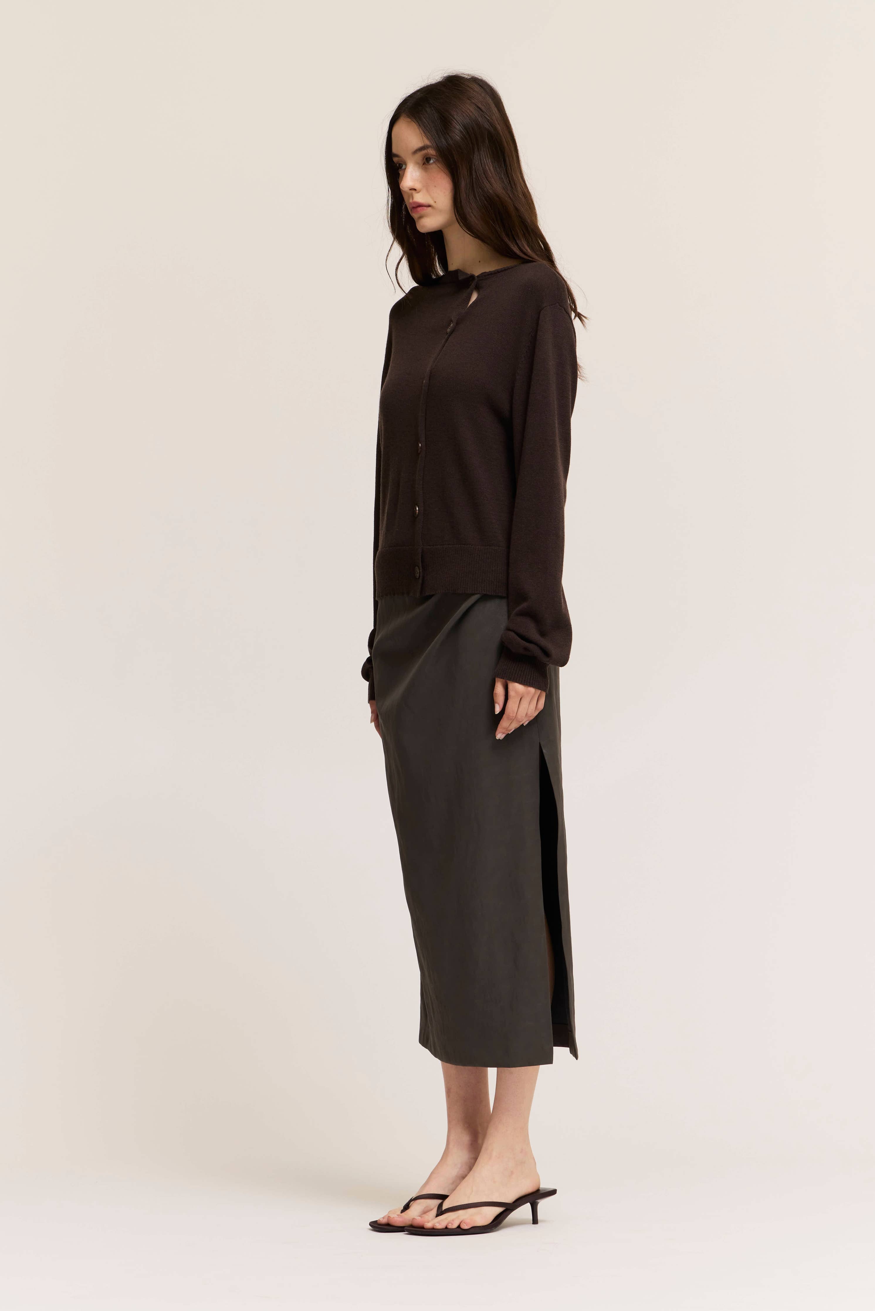 Ella Irregular Button Up Cardigan- Dark Chocolate