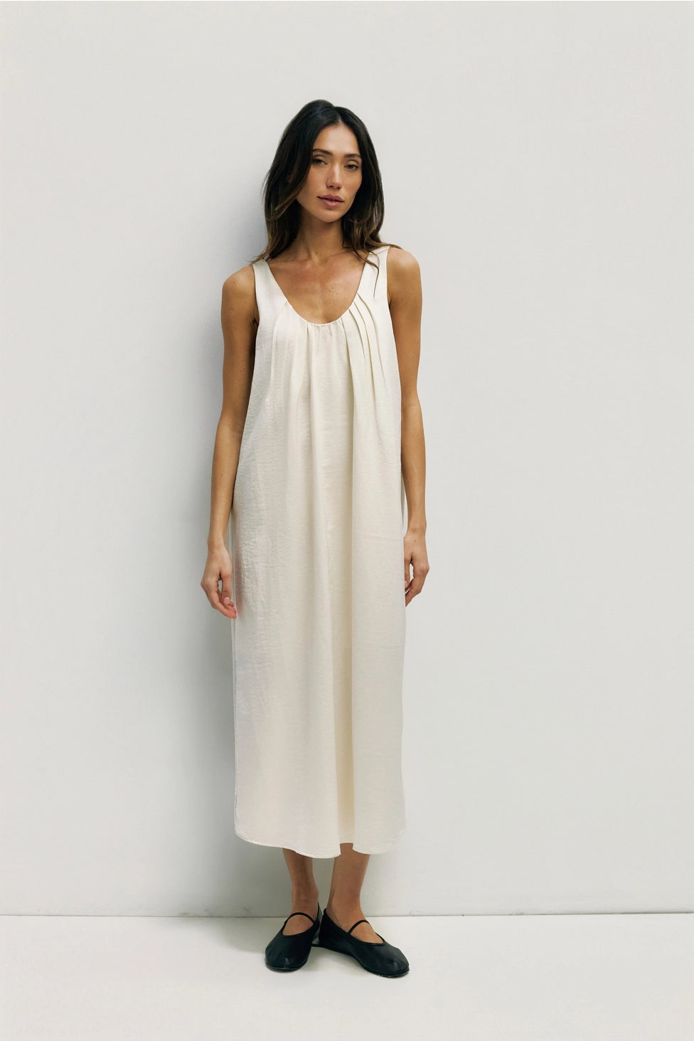 Serenity Satin Babydoll Midi Dress- Cream