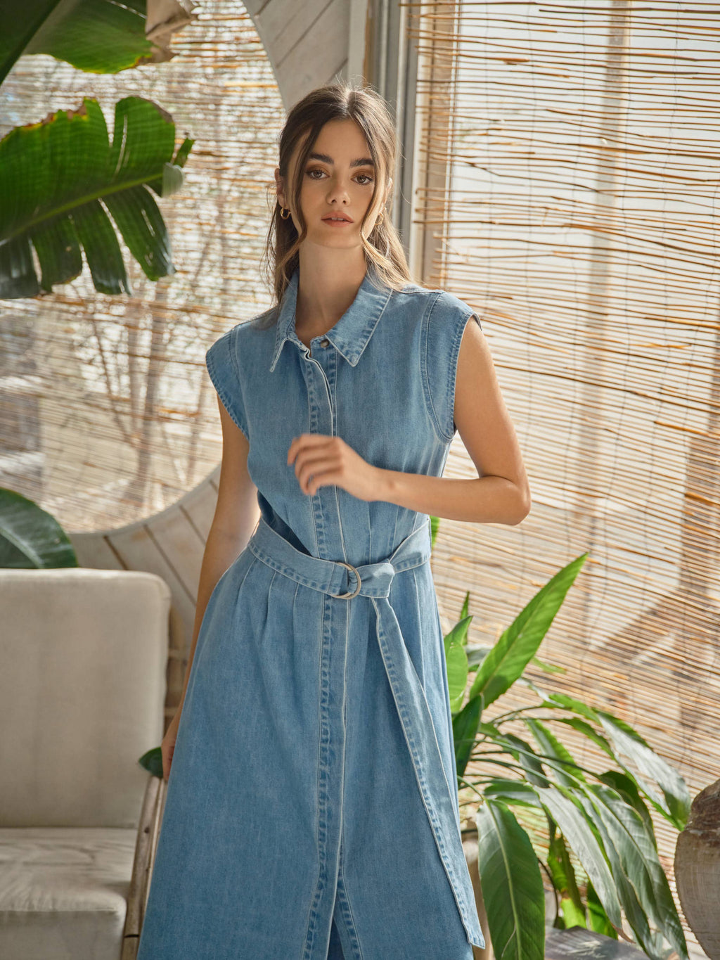 Jenny Cap Sleeve Belted Button Down Midi Dress- Denim
