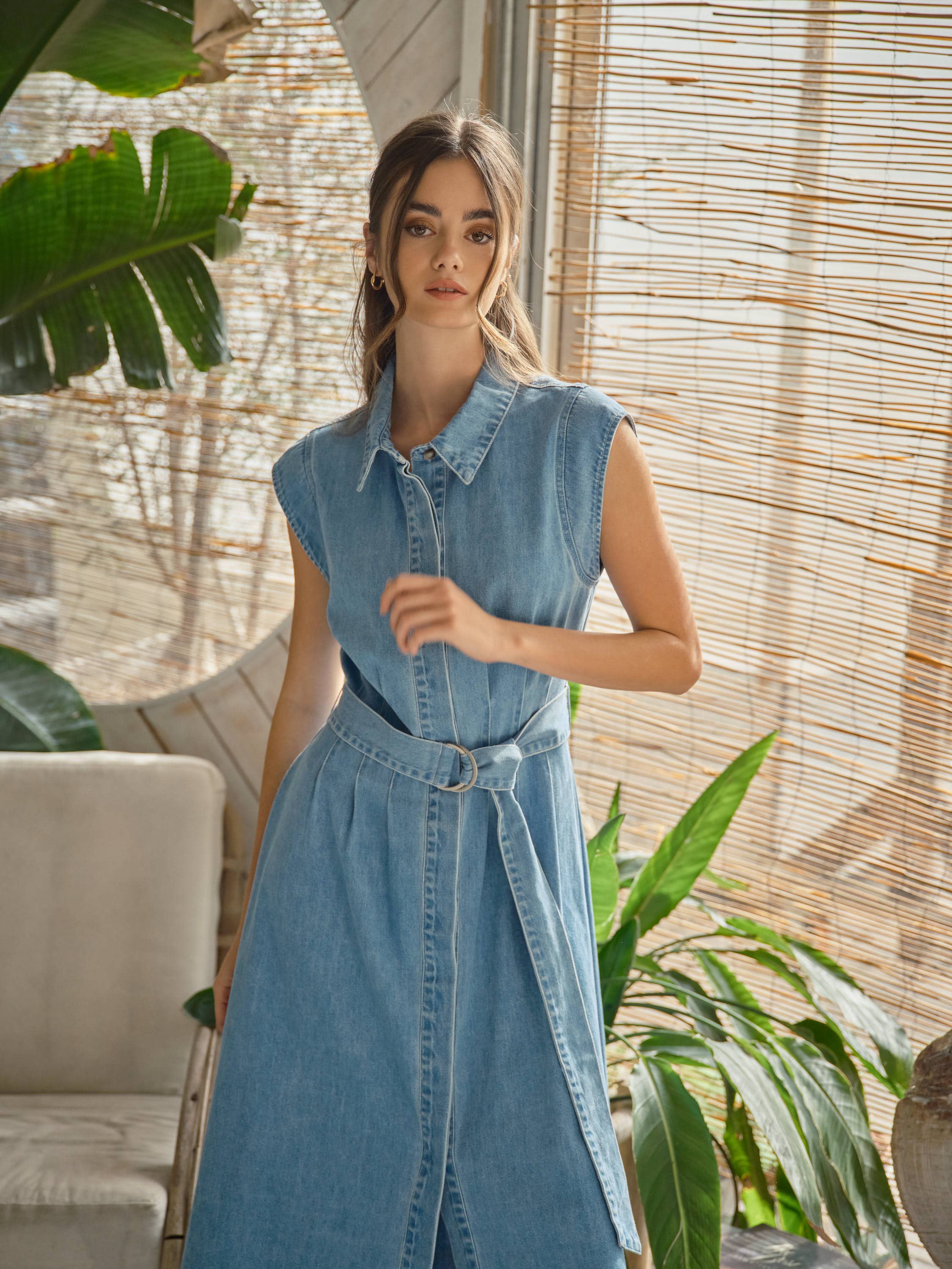 Jenny Cap Sleeve Belted Button Down Midi Dress- Denim