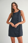 Dolly Sleeveless Linen Scallop Button Mini Shift Dress- Navy