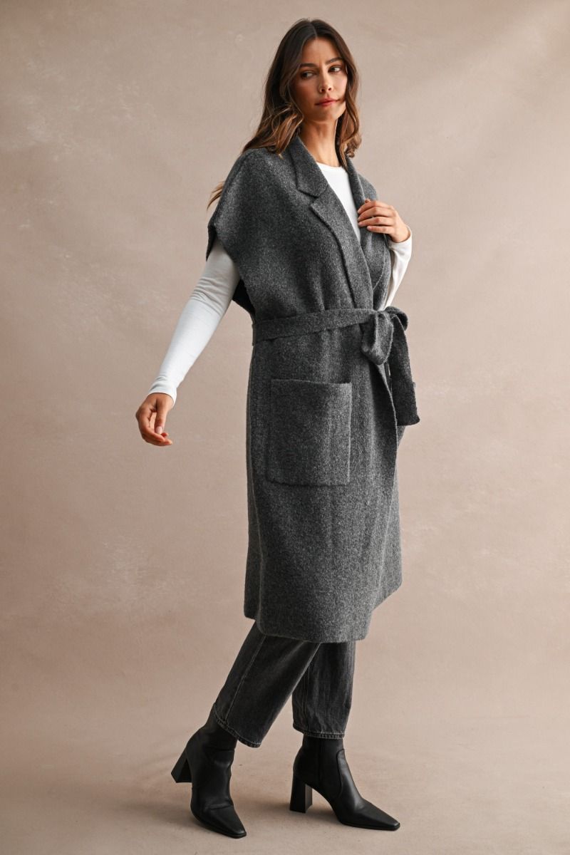Ashlyn Longline Knit Vest Cardigan-Charcoal