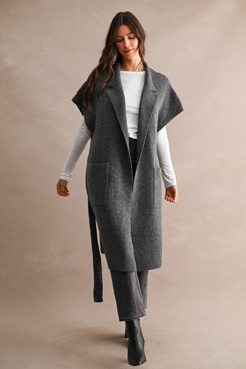 Ashlyn Longline Knit Vest Cardigan-Charcoal