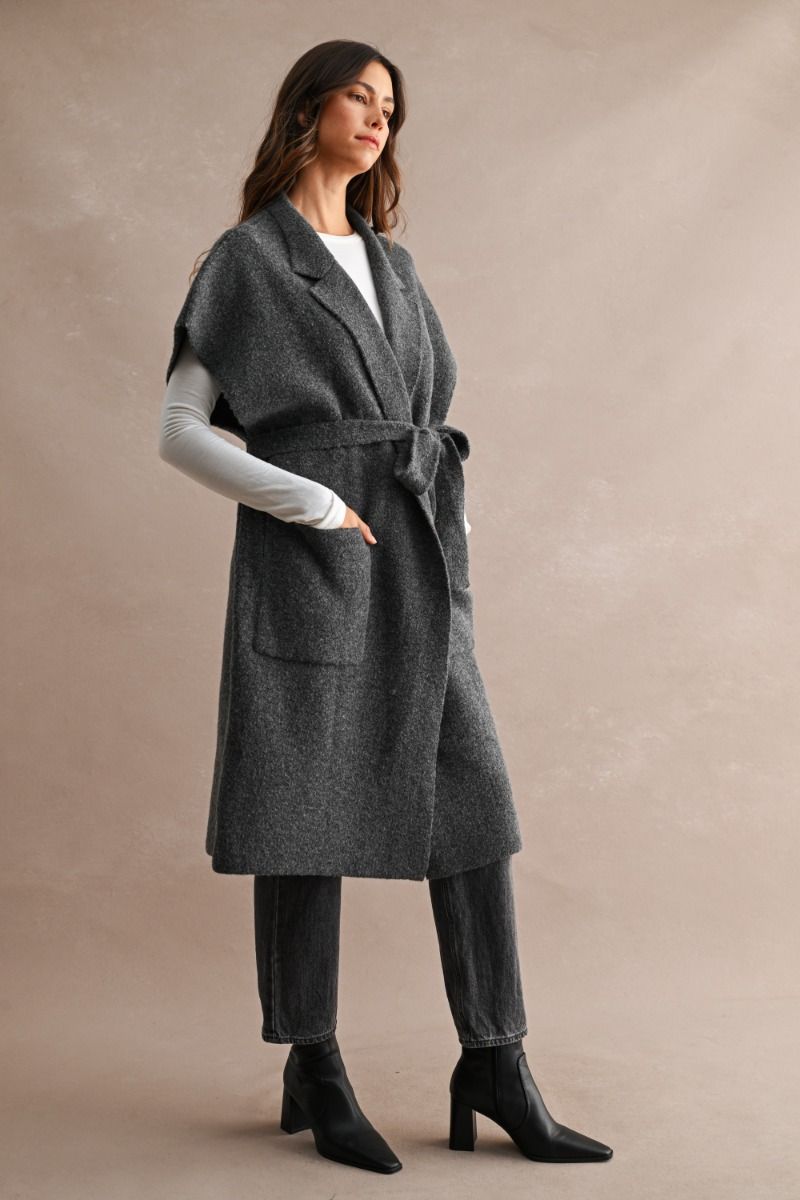 Ashlyn Longline Knit Vest Cardigan-Charcoal