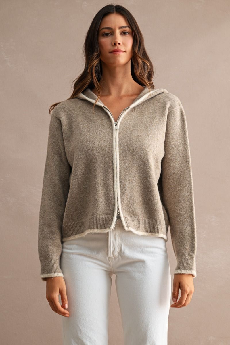Nora Cropped Hooded Knit Jacket- Mocha