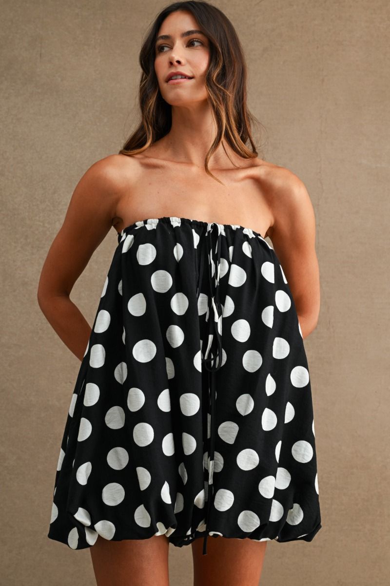 Eve Polka Dot Bubble Hem Romper- Black/White